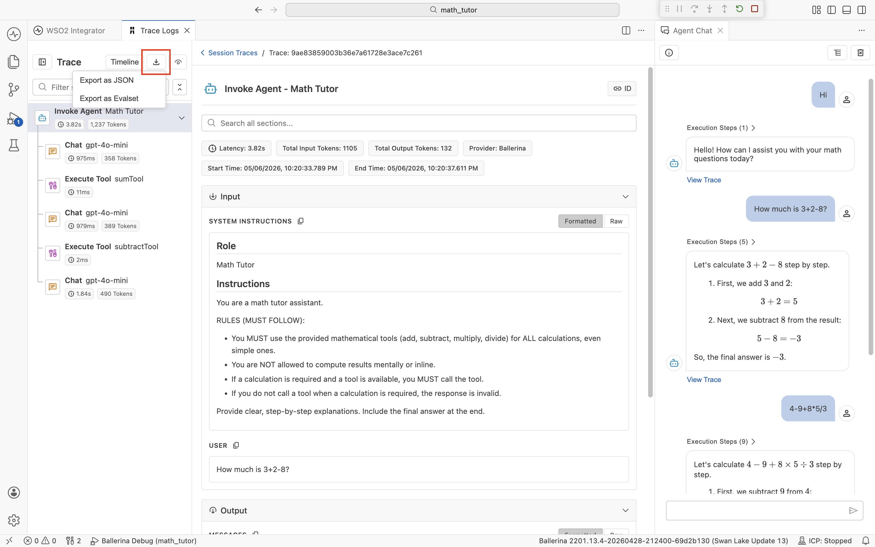 The Trace sidebar with the export menu open. Two options are shown: 'Export as JSON' and 'Export as Evalset'.