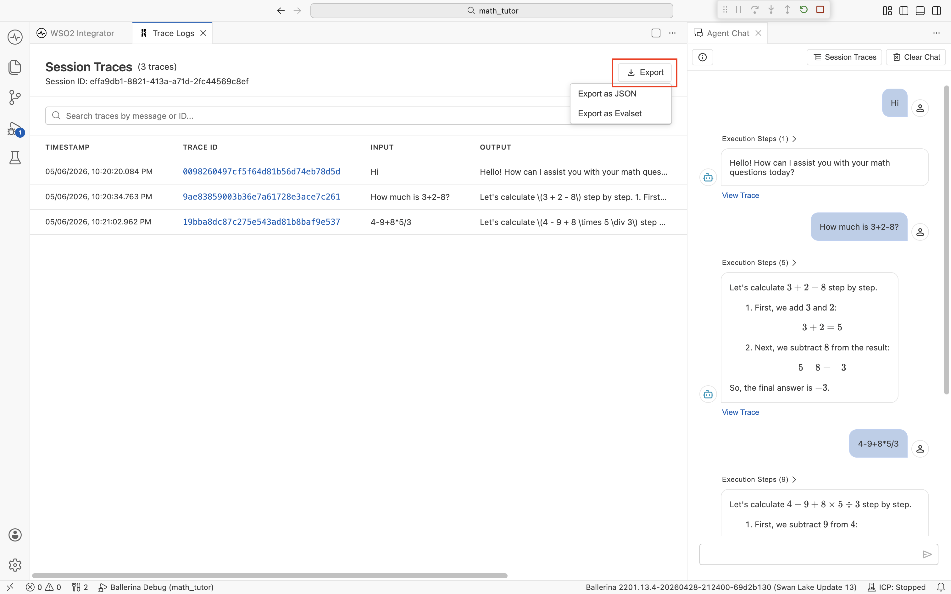 The Session Traces view with the Export menu open. Two options are shown: 'Export as JSON' and 'Export as Evalset'.