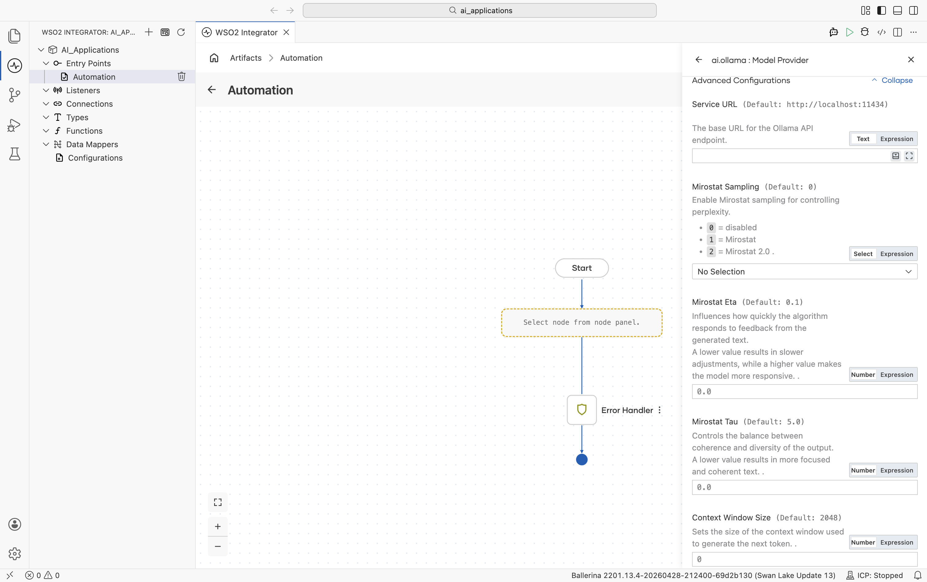 Ollama Create Model Provider form with Advanced Configurations expanded showing Service URL (default http://localhost:11434), Mirostat Sampling (default 0, options 0=disabled, 1=Mirostat, 2=Mirostat 2.0), Mirostat Eta (default 0.1), Mirostat Tau (default 5.0), Context Window Size (default 2048).