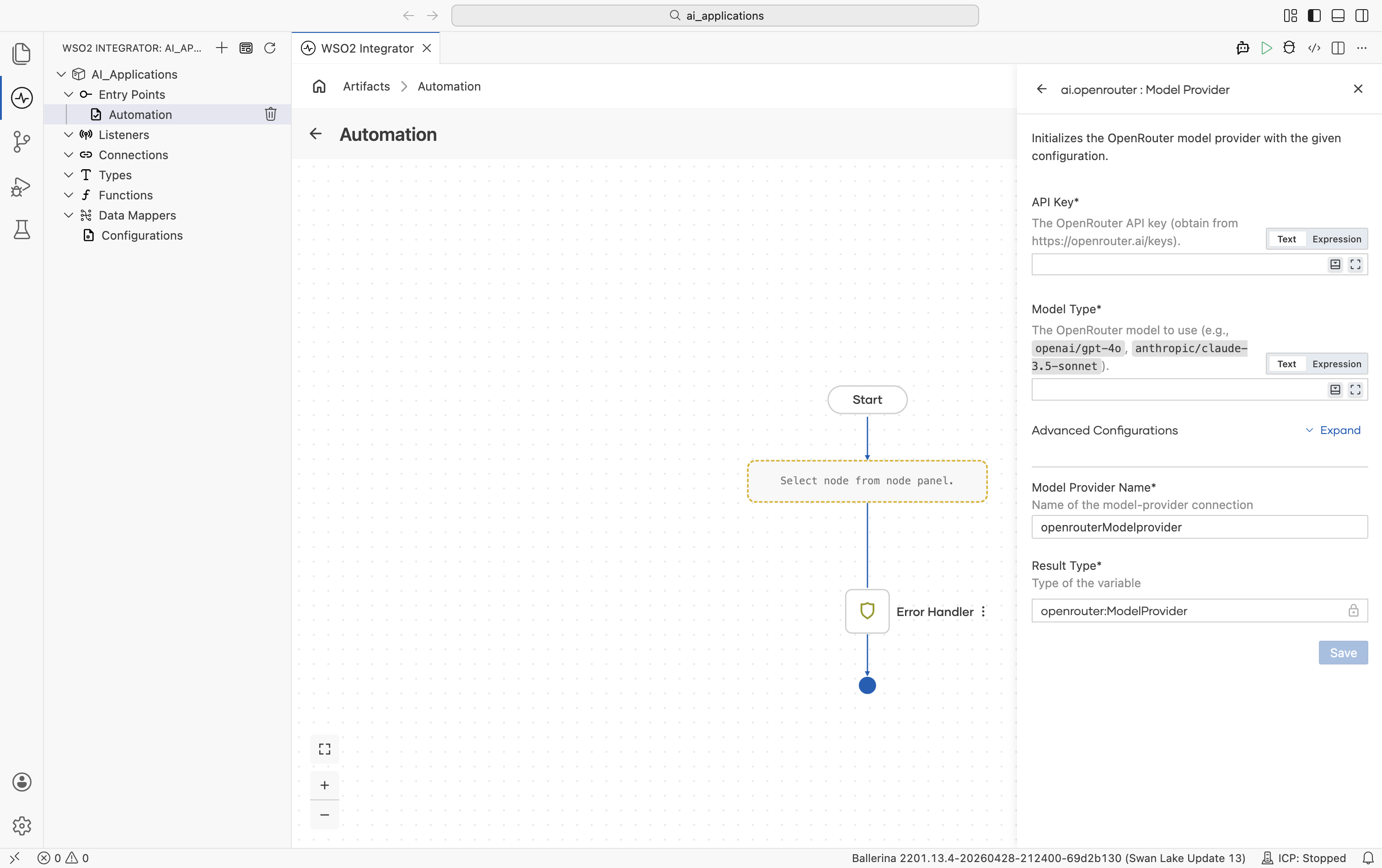 Create Model Provider form for OpenRouter showing two required fields: API Key (with link to https://openrouter.ai/keys) and Model Type (with example values 'openai/gpt-4o', 'anthropic/claude-3.5-sonnet'). Below: Advanced Configurations Expand link, Model Provider Name openrouterModelprovider, Result Type openrouter.