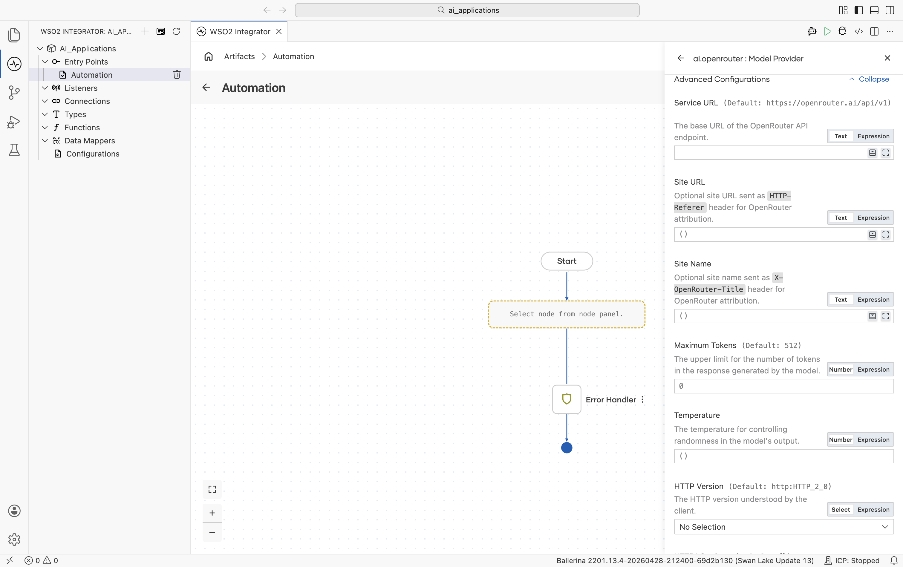 OpenRouter Create Model Provider form with Advanced Configurations expanded showing Service URL (default https://openrouter.ai/api/v1), Site URL (sent as HTTP-Referer header), Site Name (sent as X-OpenRouter-Title header), Maximum Tokens (default 512), Temperature (default 0.7), HTTP Version.