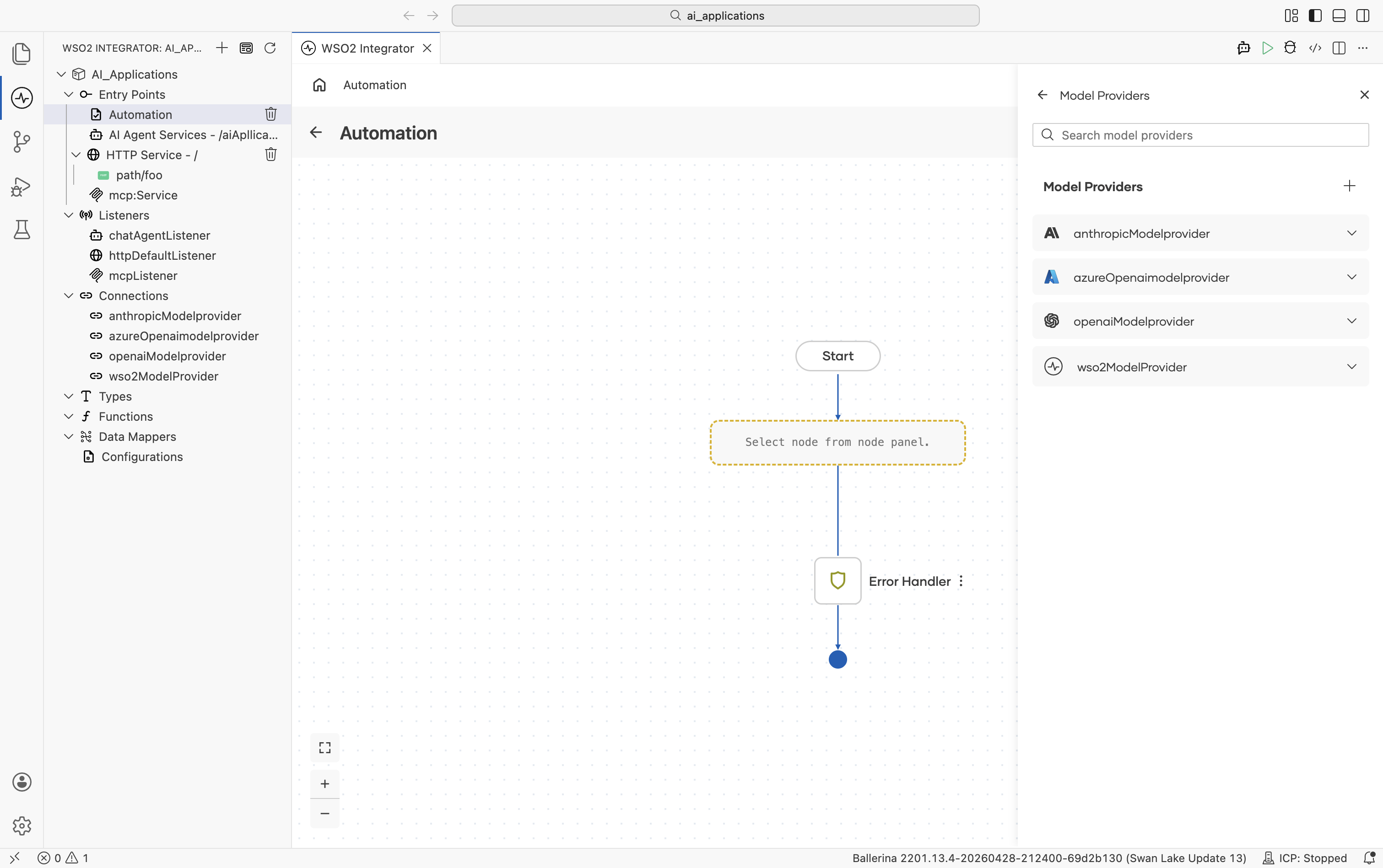 The Model Providers right-side panel listing four model-provider connections - anthropicModelprovider, azureOpenaimodelprovider, openaiModelprovider, wso2ModelProvider - each with a chevron and provider logo.
