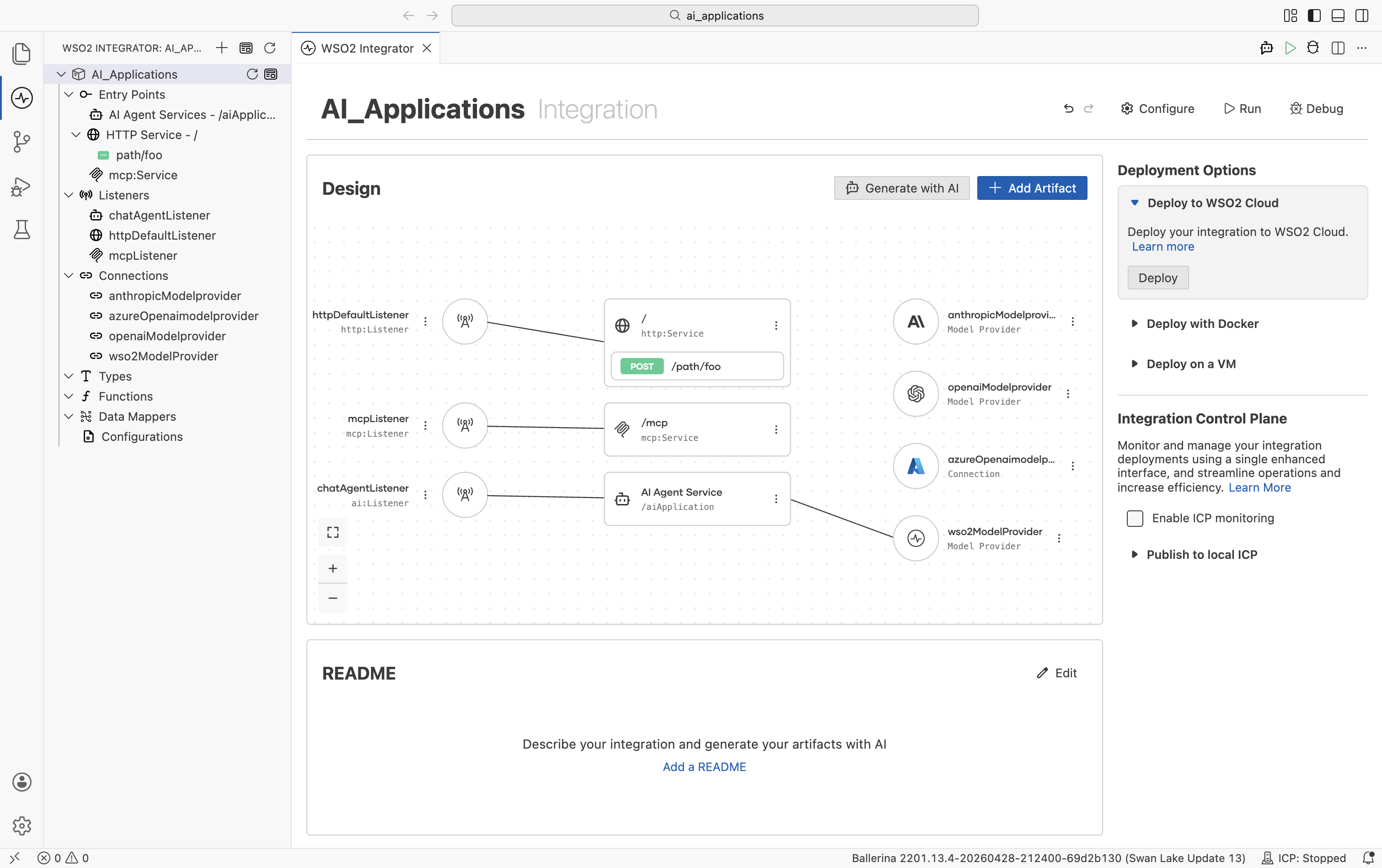 The integration project Design overview with the left sidebar Connections tree populated with four model-provider connections, and the main canvas wiring three artifacts (chat agent service, HTTP service, MCP service) to their respective model-provider nodes on the right with provider logos.