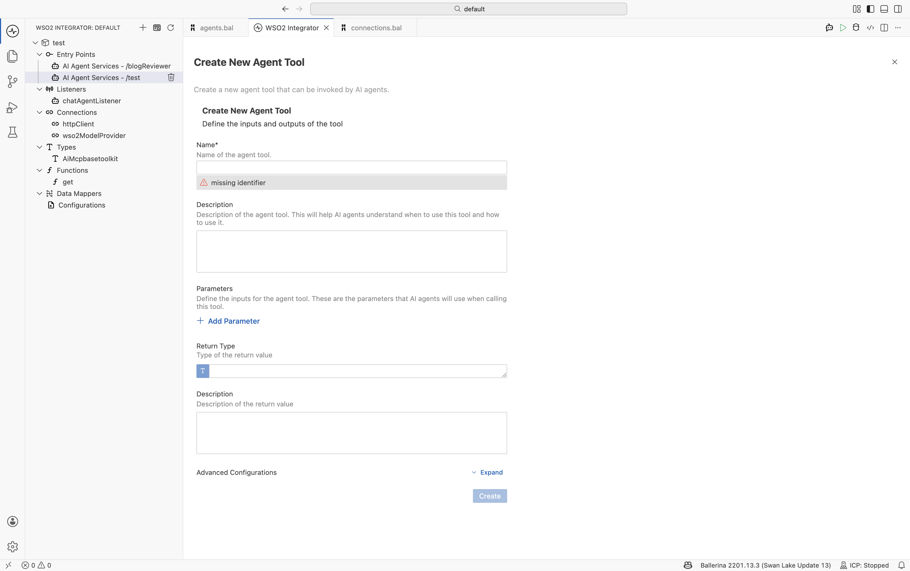 The Create New Agent Tool dialog (initial empty state). Header: 'Create New Agent Tool — Create a new agent tool that can be invoked by AI agents.' Section: 'Create New Agent Tool — Define the inputs and outputs of the tool'. Field 1: Name* (with 'missing identifier' validation warning). Field 2: Description (description text area: 'Description of the agent tool. This will help AI agents understand when to use this tool and how to use it.'). Field 3: Parameters with explanation 'Define the inputs for the agent tool. These are the parameters that AI agents will use when calling this tool.' and + Add Parameter link. Field 4: Return Type (with type icon). Field 5: Description (for the return value). Advanced Configurations Expand at the bottom.