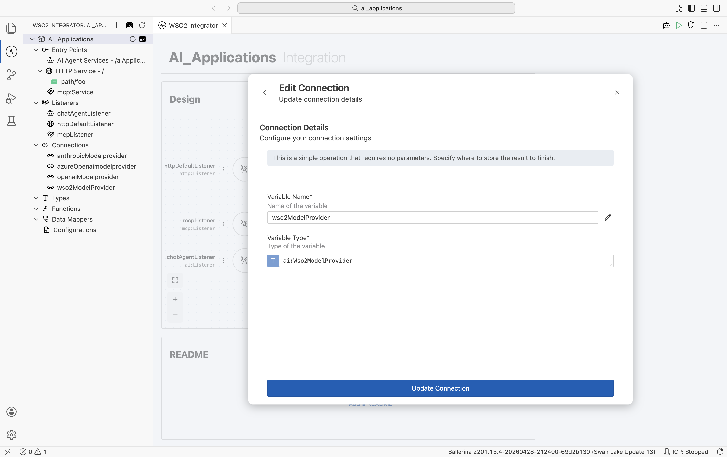Edit Connection modal centered on screen with Variable Name field, Variable Type field with edit pencil icon, Update Connection button at the bottom.