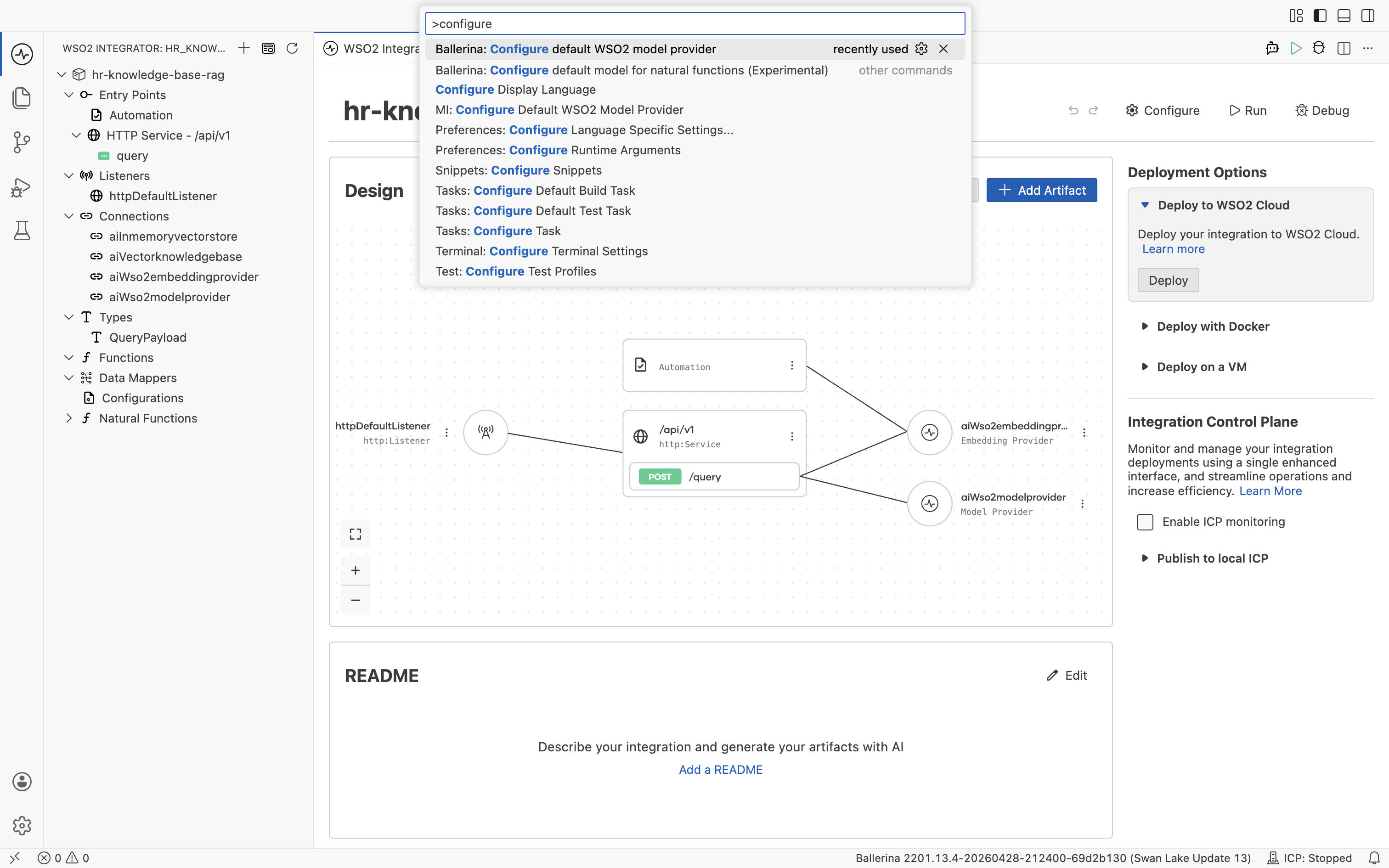 Command Palette filtered to "Configure default WSO2 model provider".