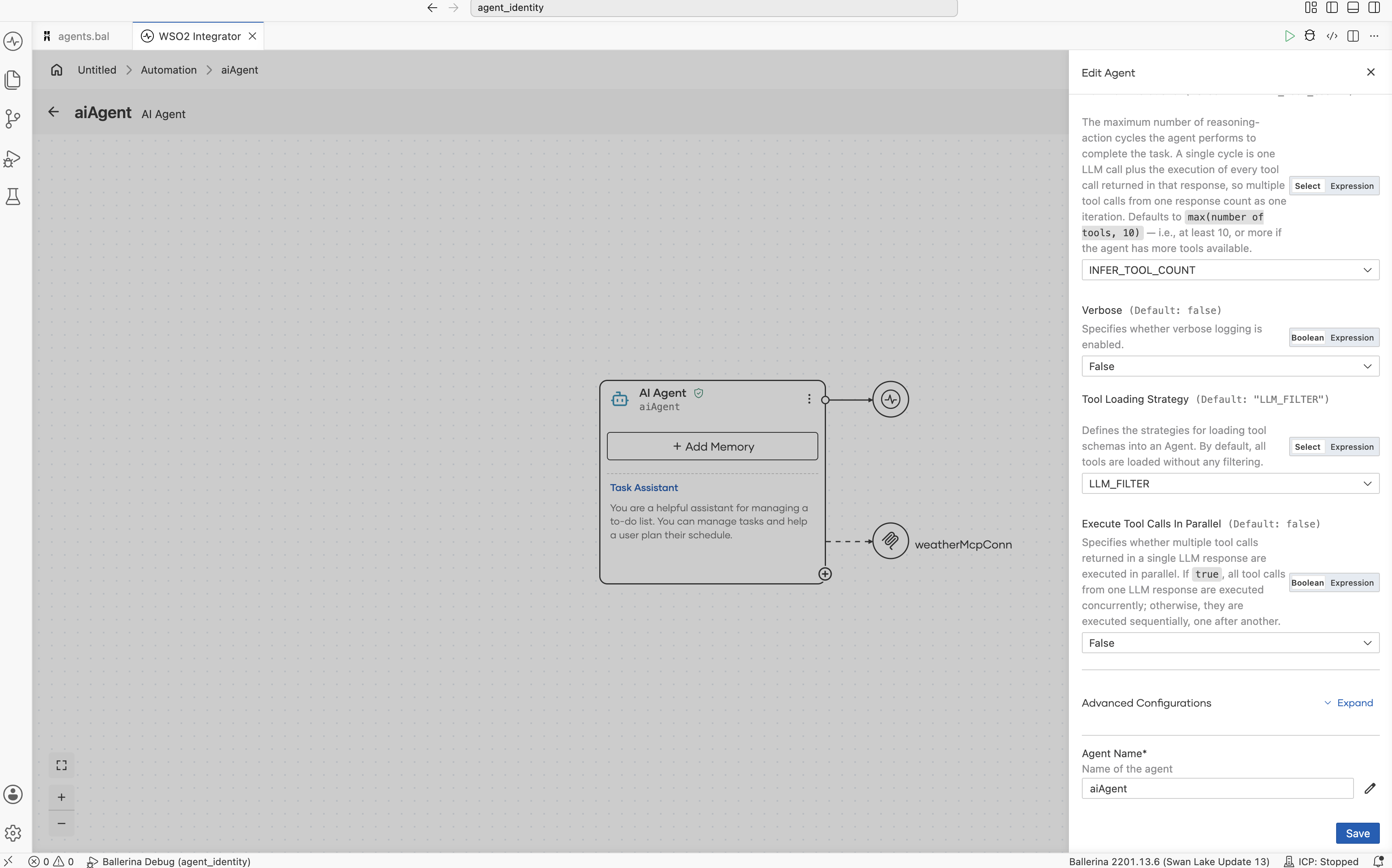 Advanced Configuration panel expanded on the Agent configuration form.