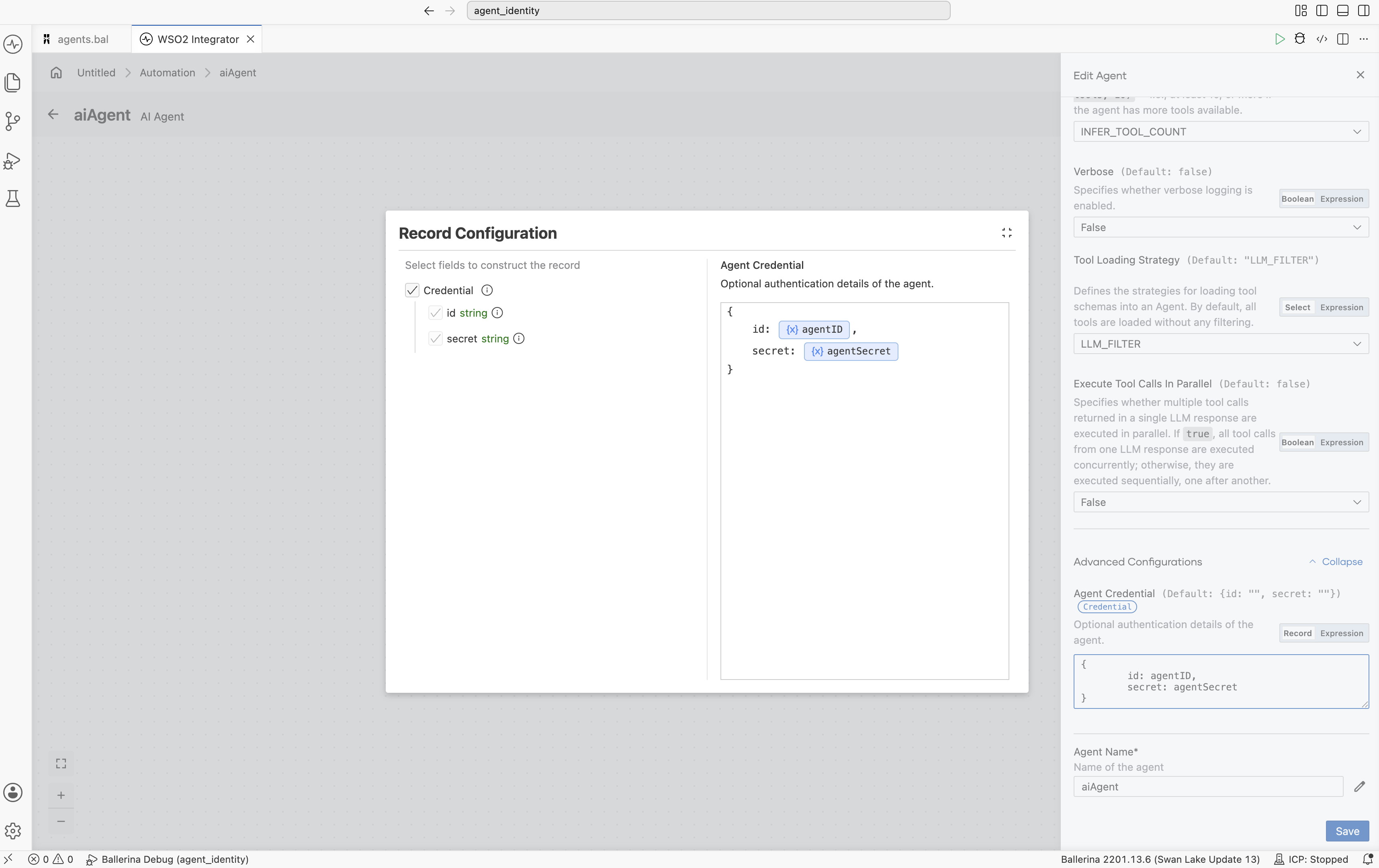 Credential input fields showing Agent ID and Agent Secret fields.