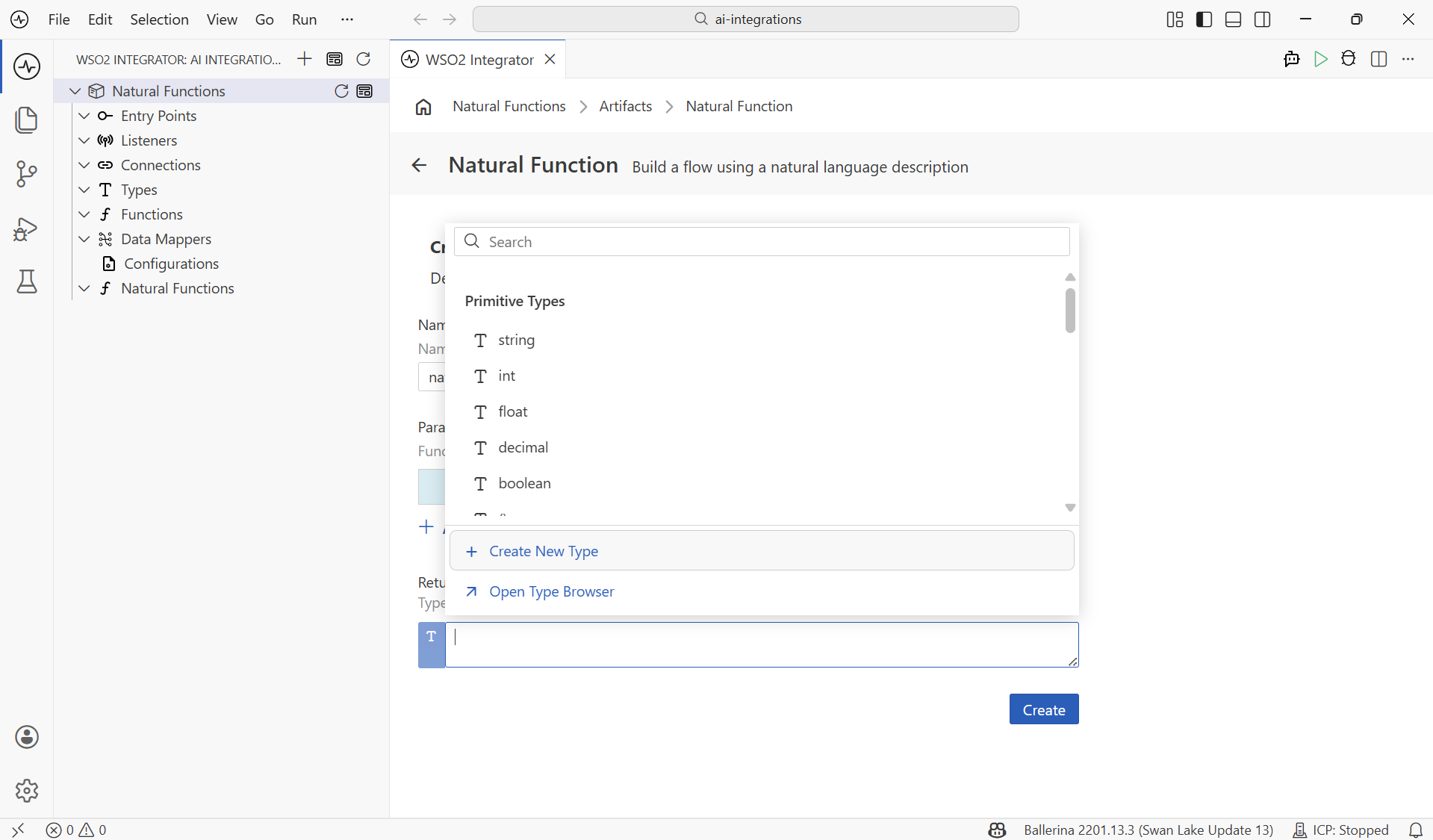 Return Type dropdown showing primitive types and options to create or browse types.