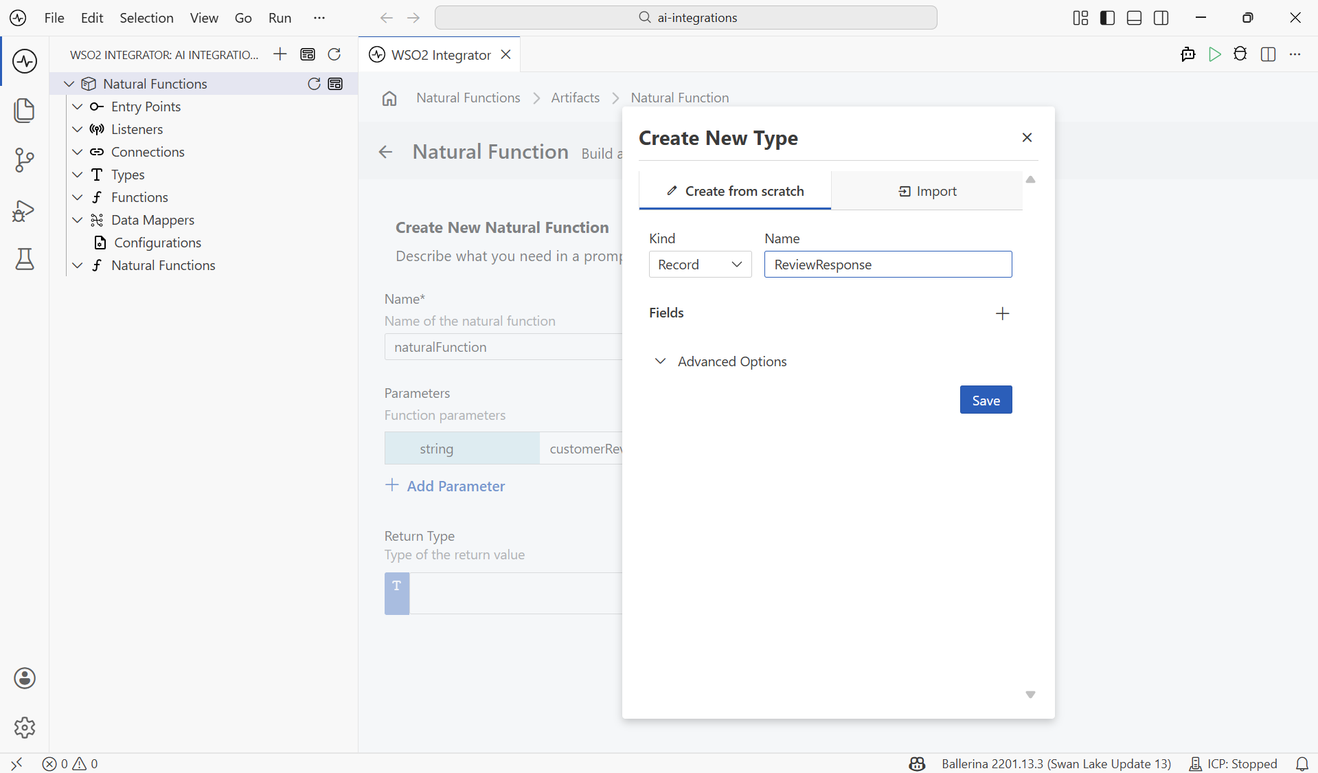 Create New Type dialog on the Create from scratch tab with Kind set to Record and a Fields section.