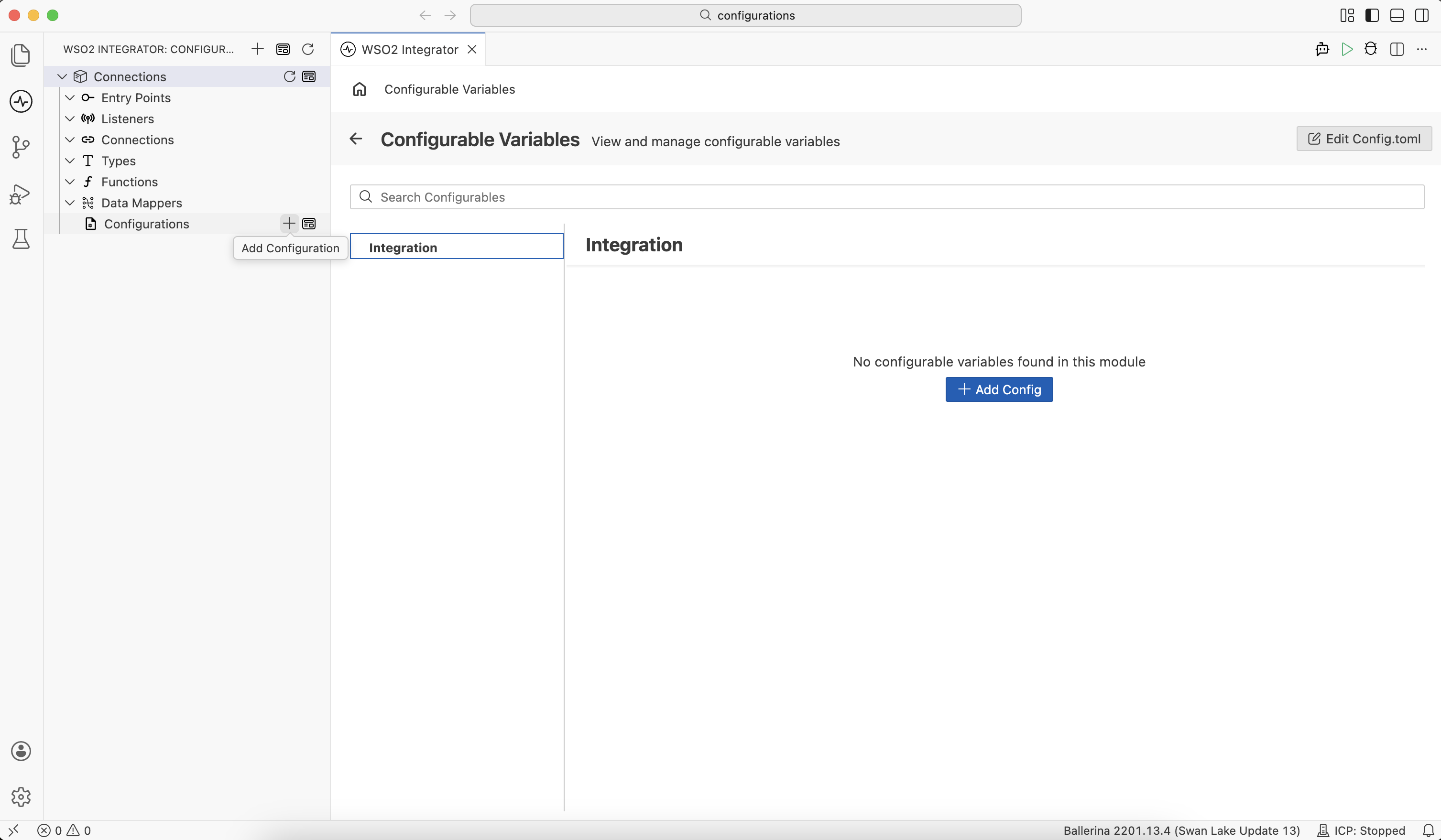 WSO2 Integrator sidebar showing add Configuration