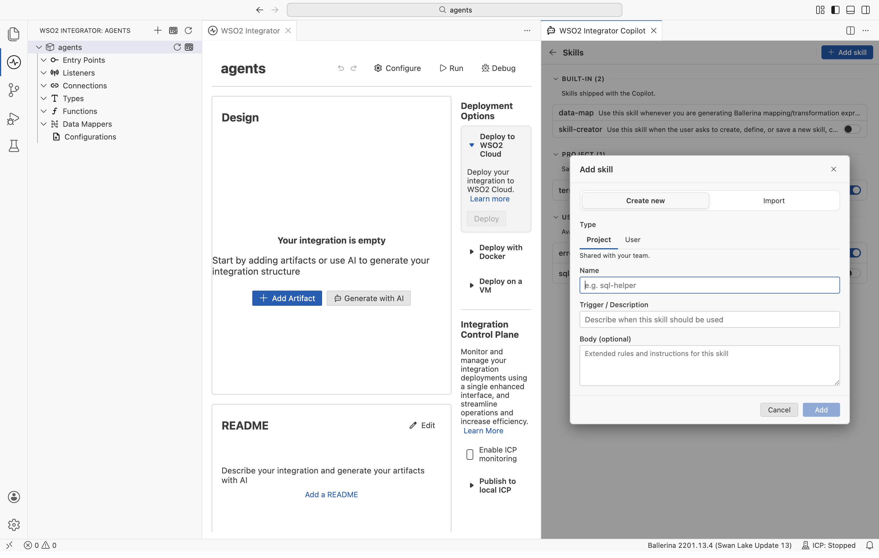 The Add skill dialog with the Create new and Import tabs.