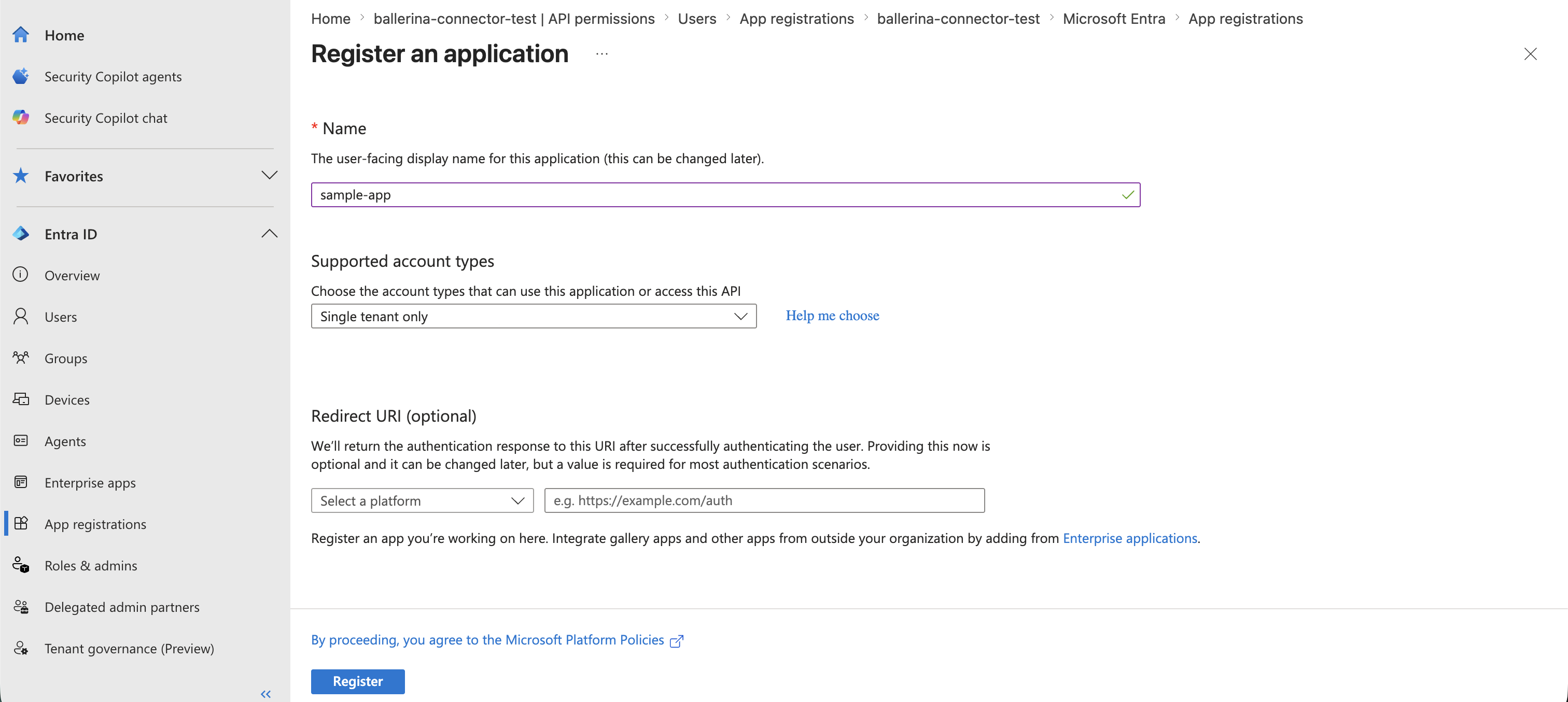 Application registration details