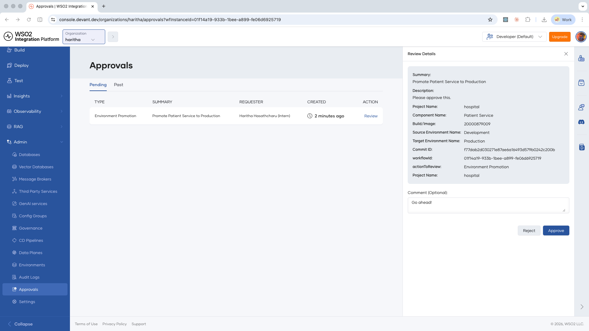 Approvals page with Review Details panel showing Approve and Reject buttons