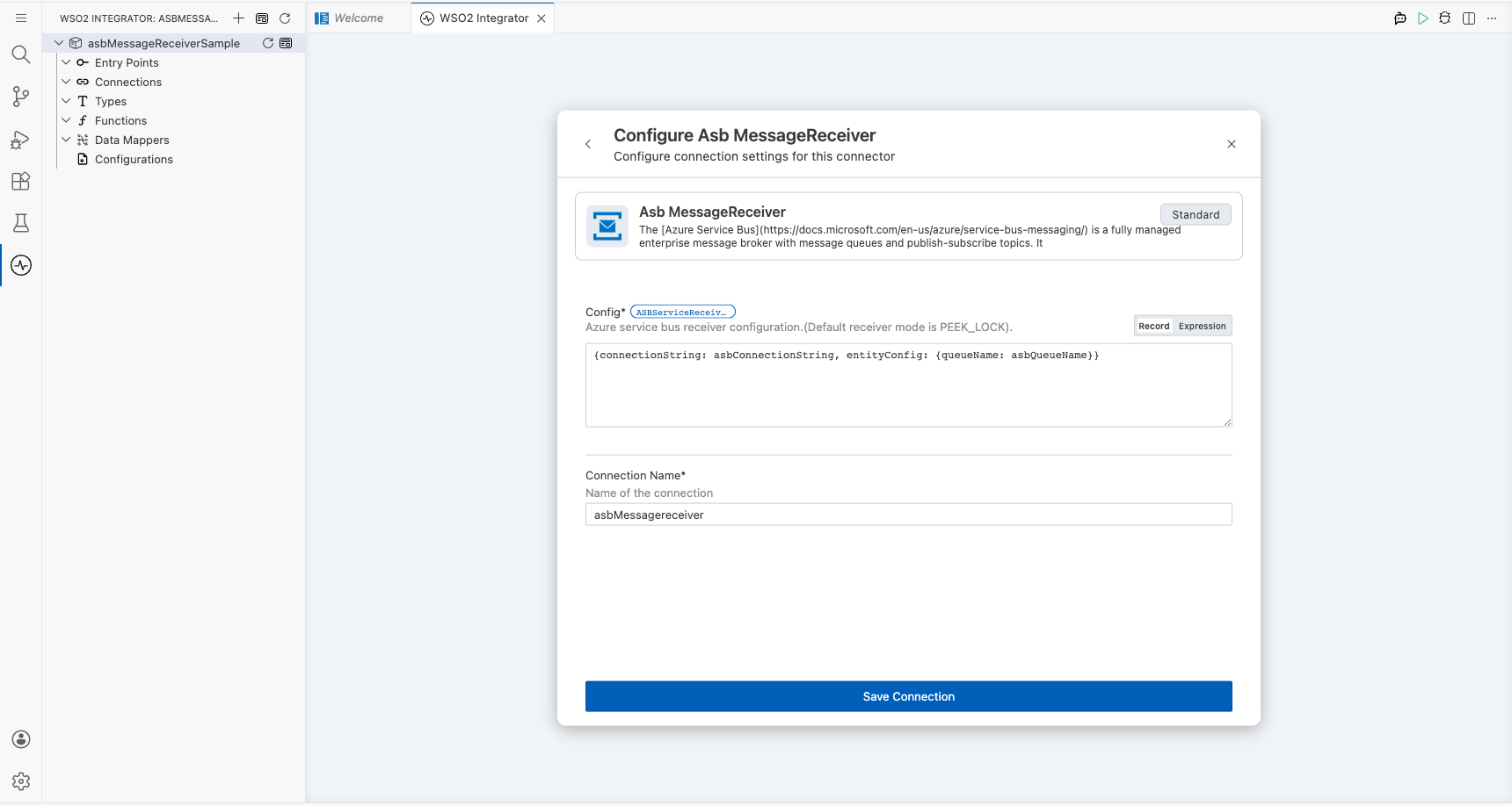 ASB MessageReceiver connection form fully filled with all parameters before saving