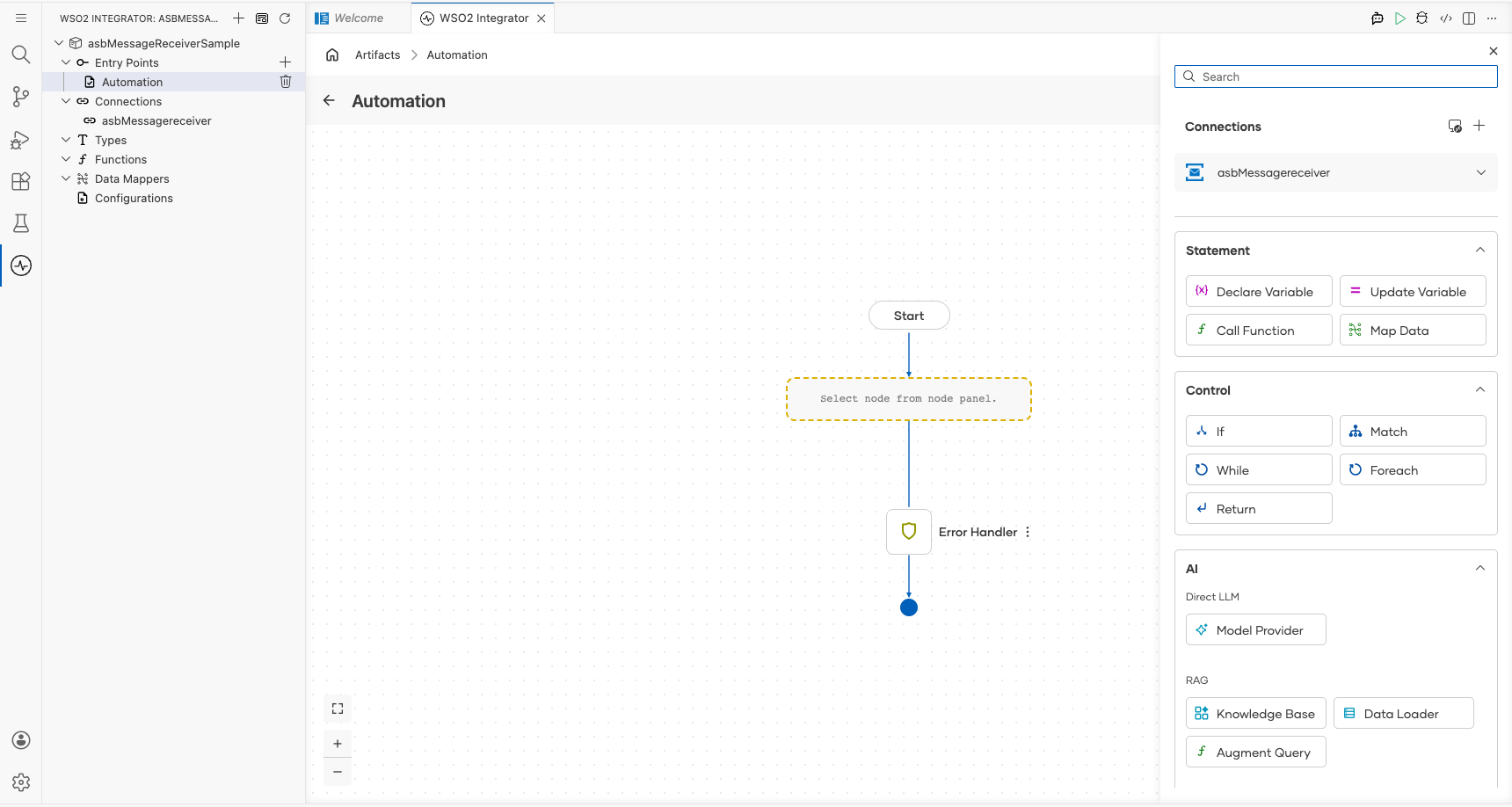 ASB MessageReceiver connection node expanded showing all available operations before selection