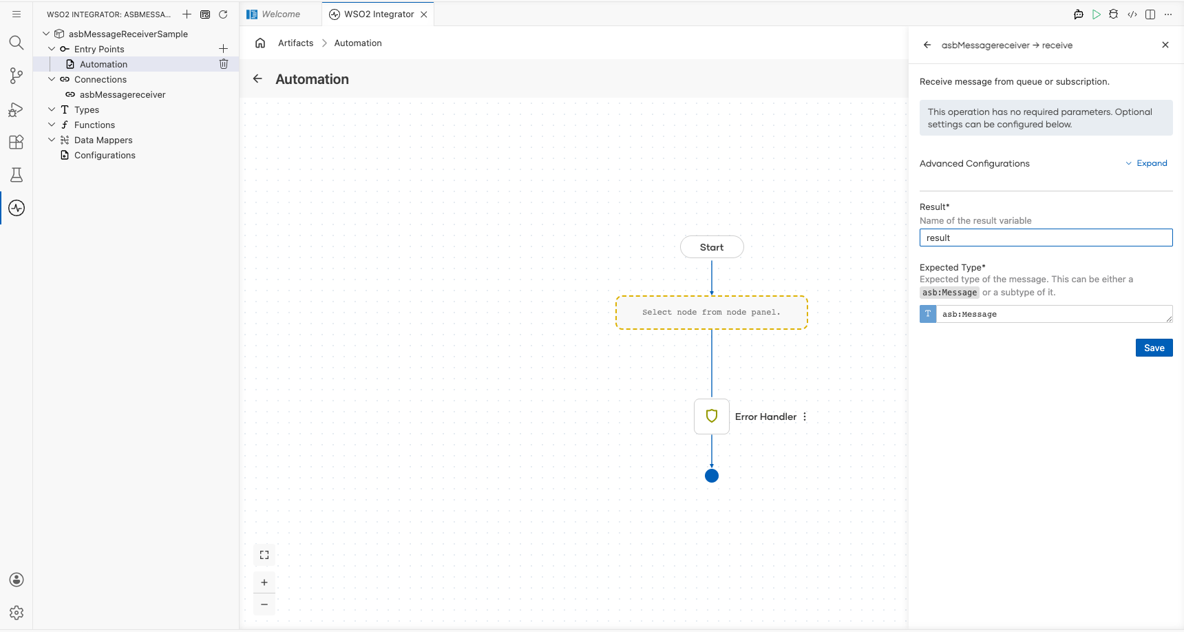 ASB MessageReceiver Receive operation configuration filled with all values