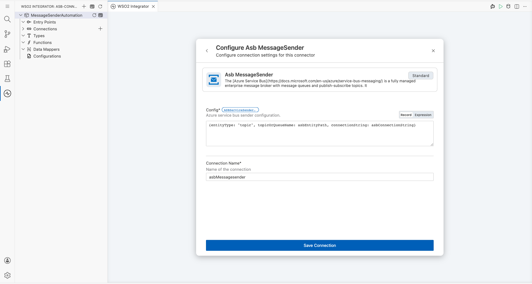 Azure Service Bus connection form fully filled with all parameters before saving