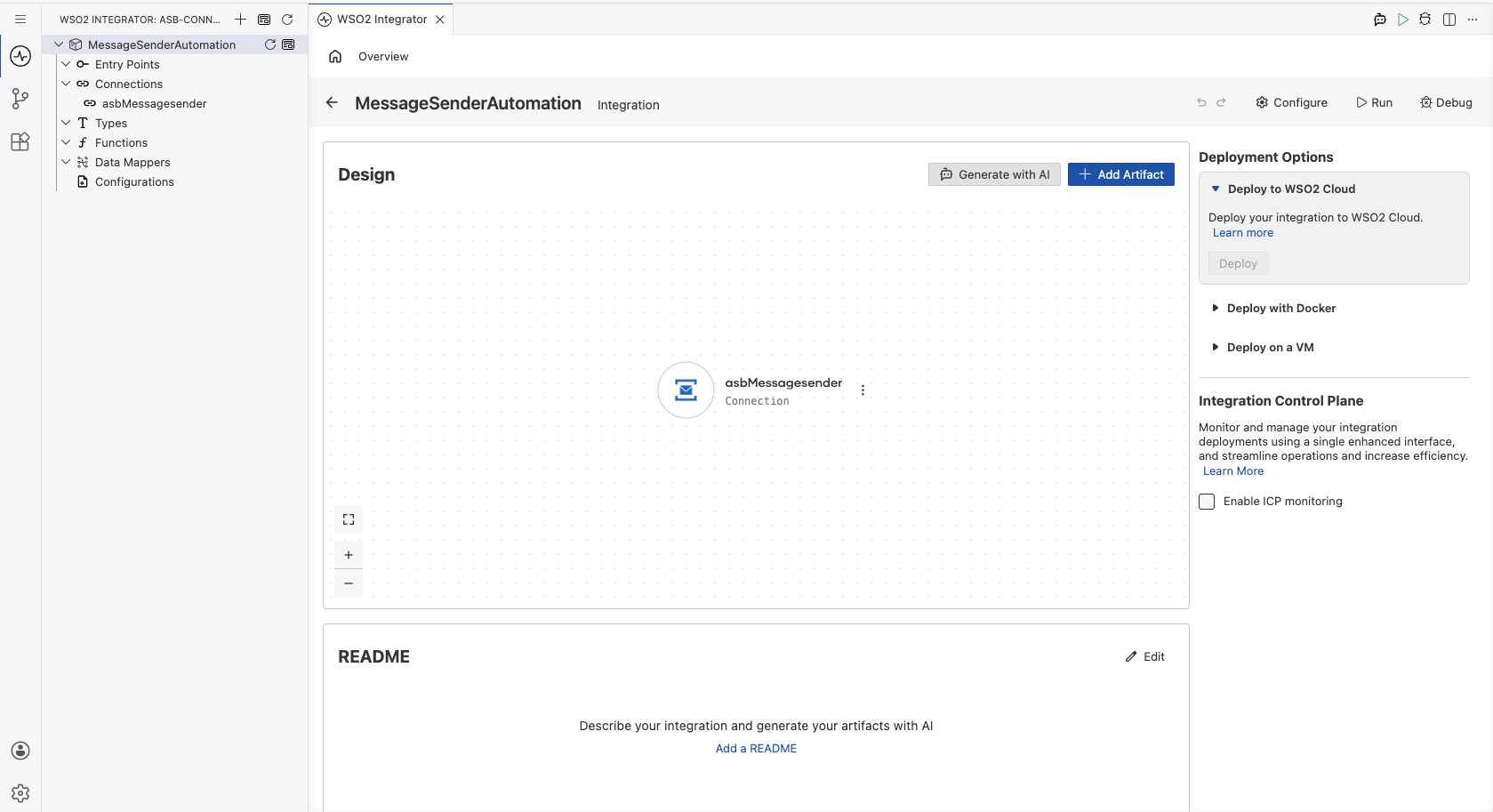 Azure Service Bus Connections panel showing asbMessagesender entry after saving