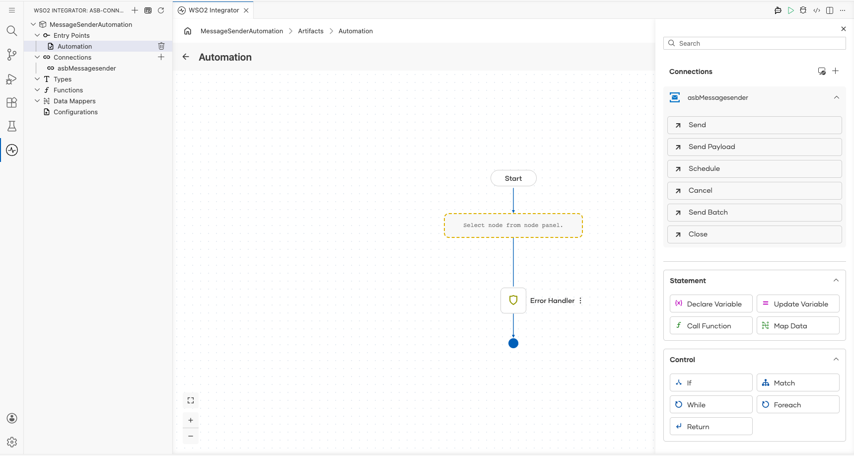 ASB connection node expanded showing all available operations before selection