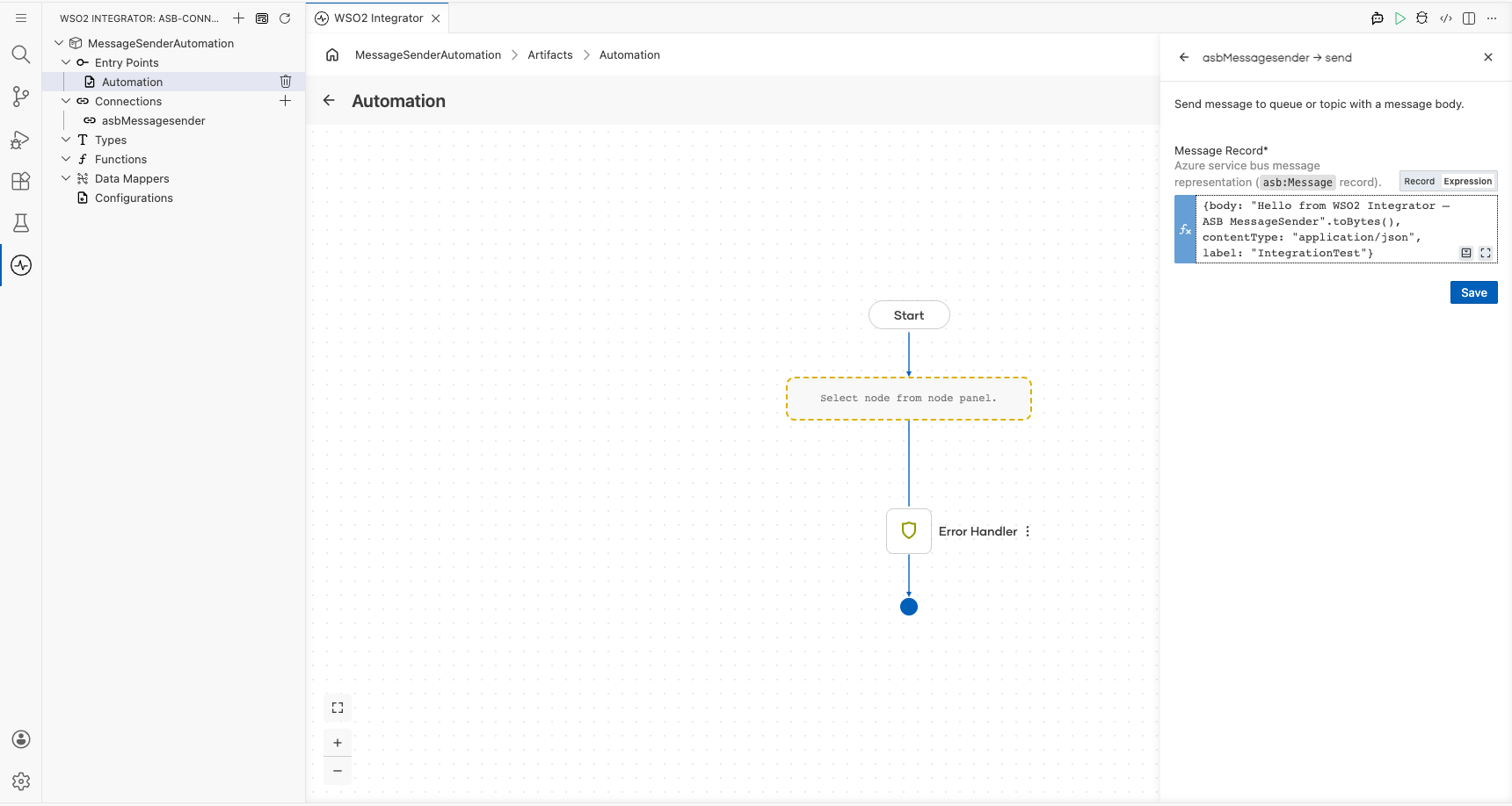 ASB Send operation configuration filled with all values