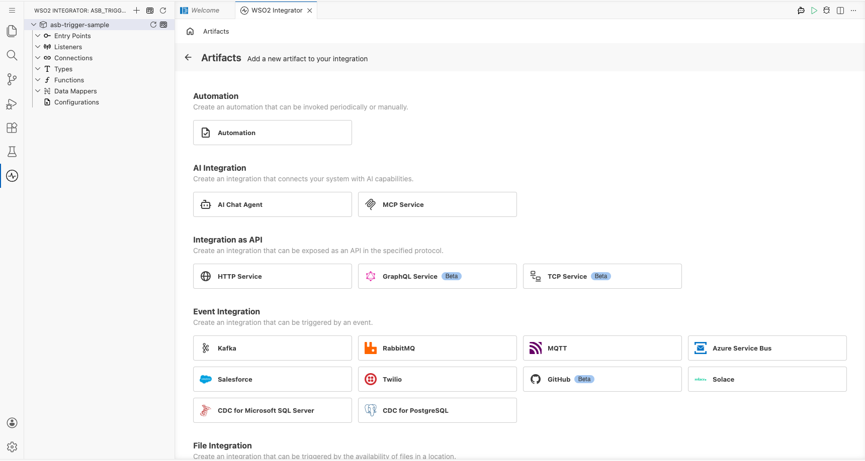 Artifacts palette open showing the Event Integration category with Azure Service Bus card visible