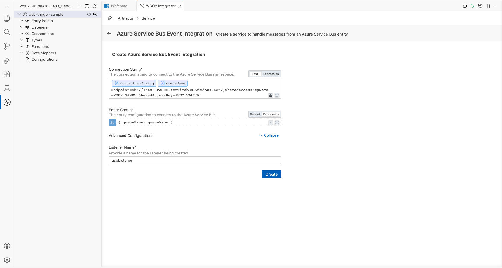 Azure Service Bus trigger configuration form fully filled with all listener parameters before clicking Create