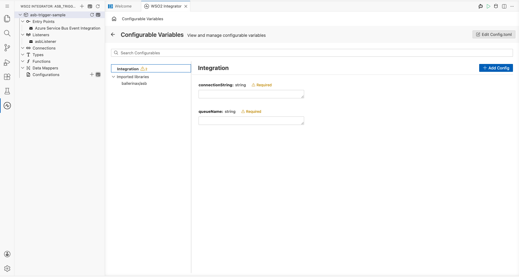 Configurations panel open showing the configurable variables listed with empty value fields