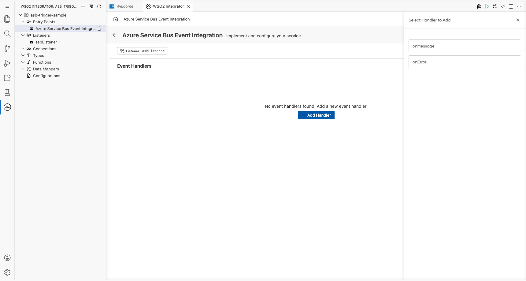 Service view with Select Handler to Add side panel open listing Azure Service Bus handler options