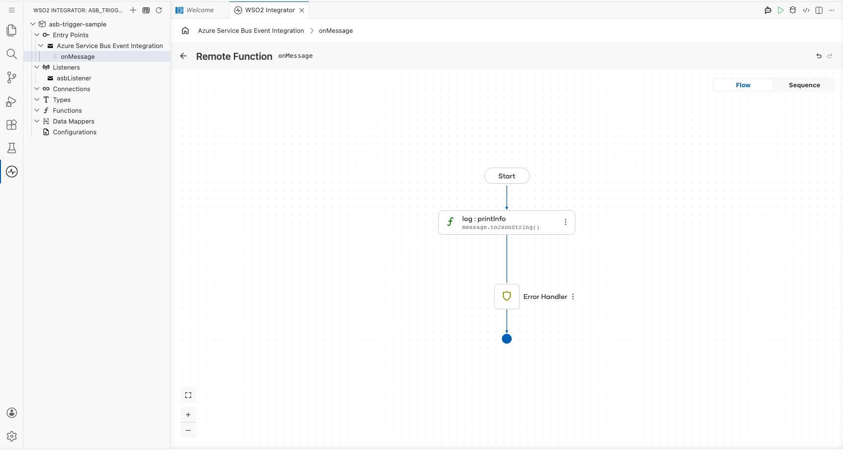 onMessage handler flow canvas showing log step added