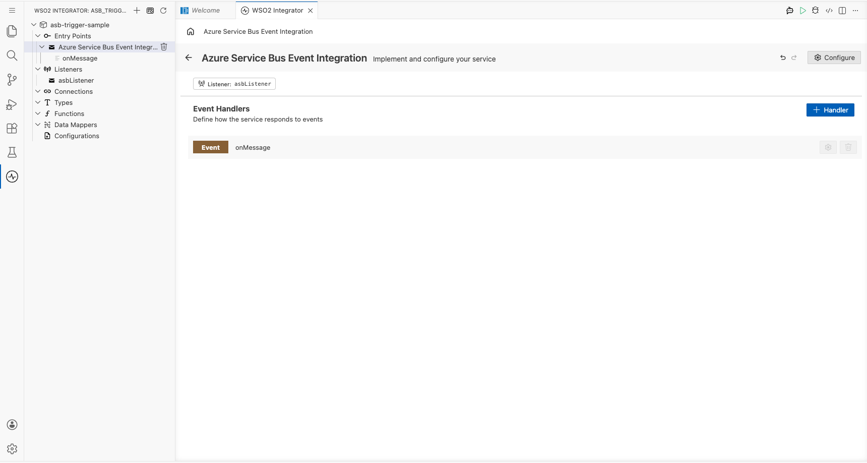 Trigger Service view showing the registered Event onMessage handler row