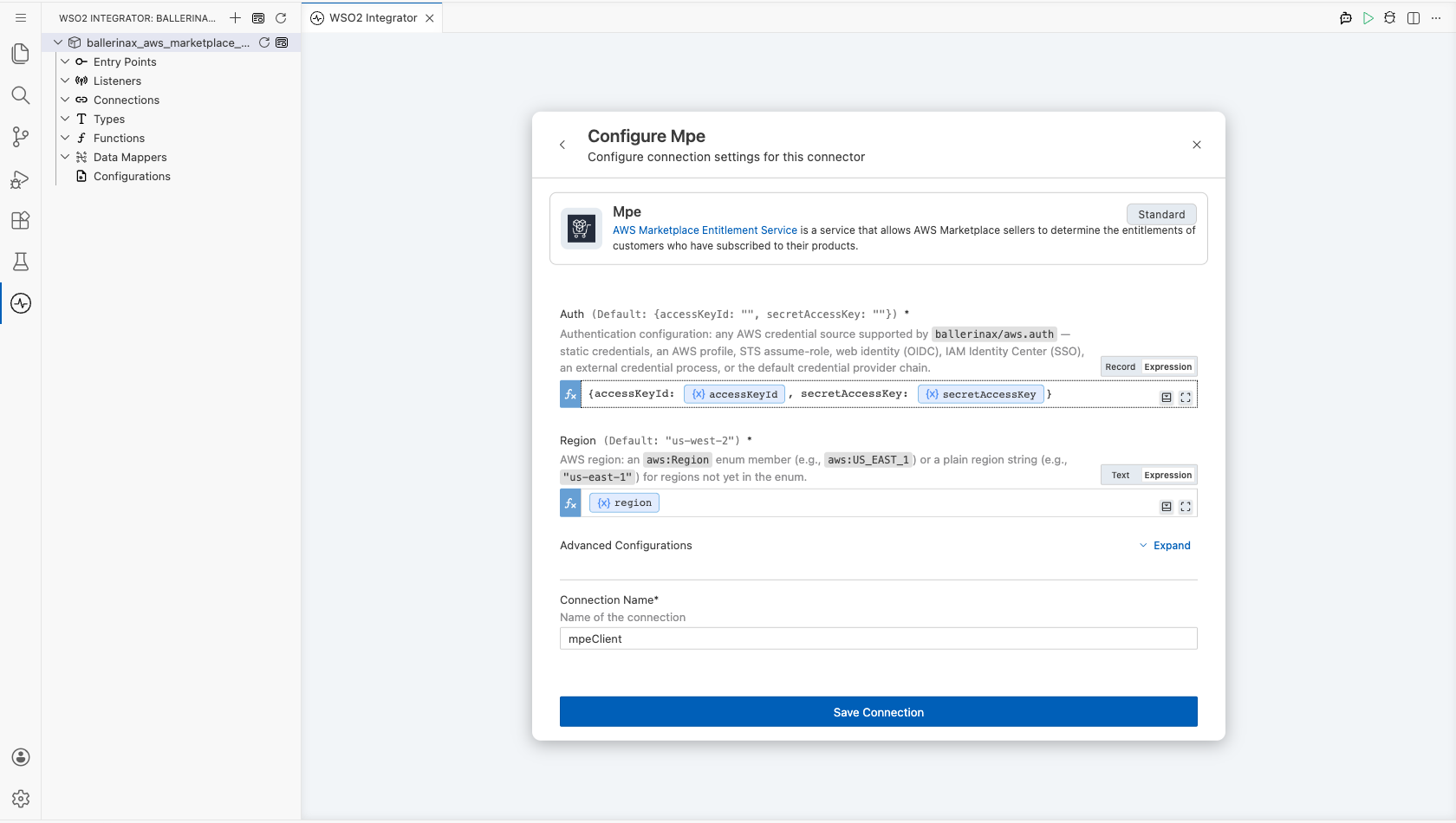 AWS Marketplace Entitlement Service connection form with the Auth and Region parameters bound to configurable variables before saving