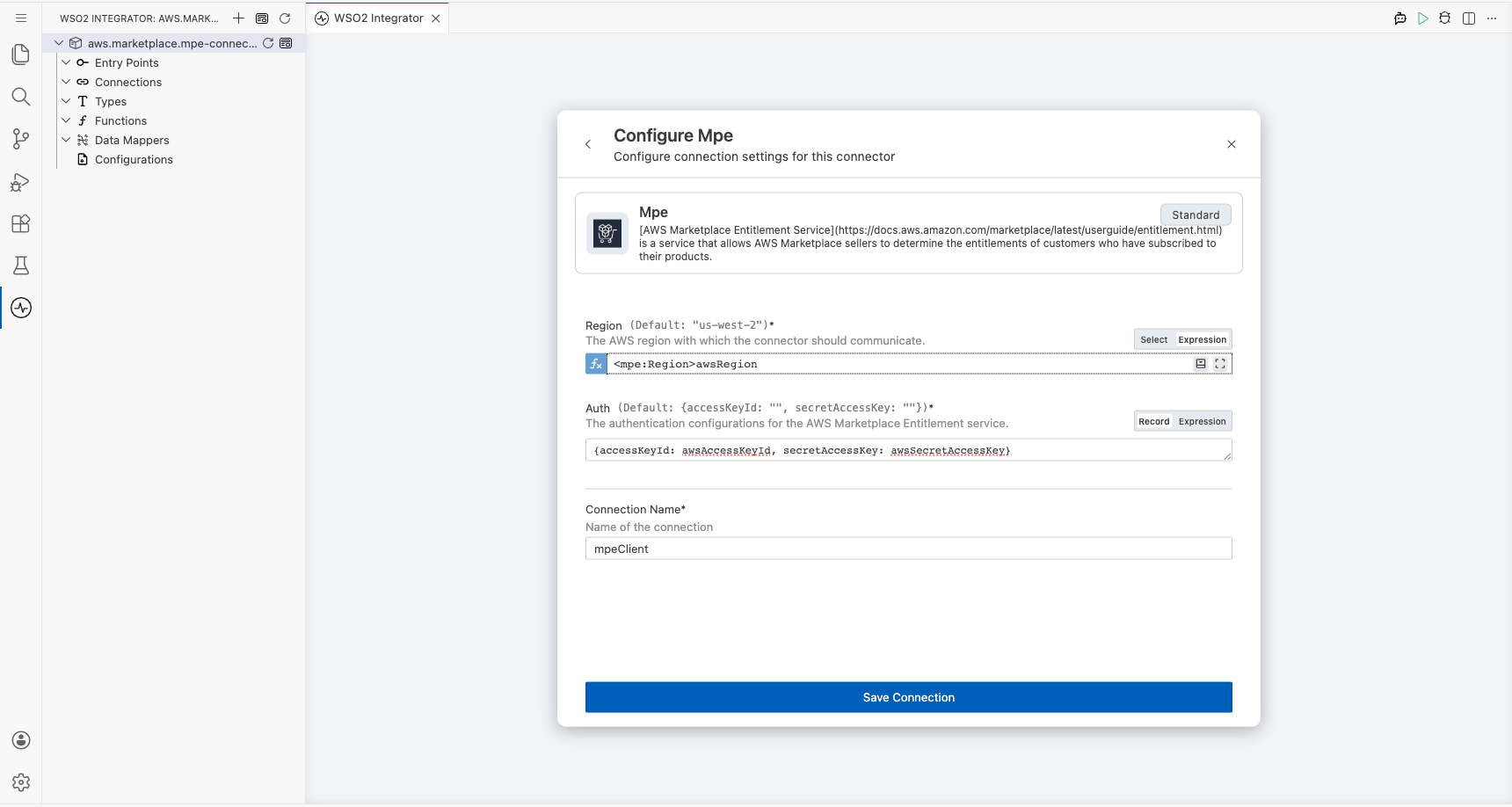 AWS Marketplace MPE connection form fully filled with all parameters before saving