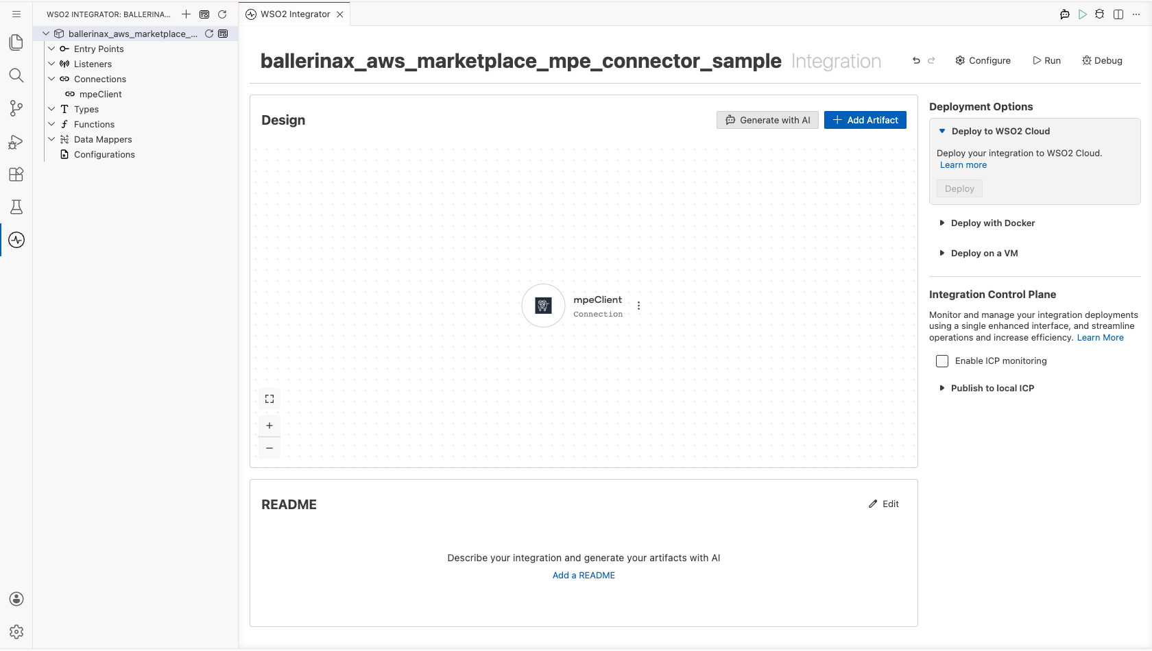 Saved Mpe connection listed under Connections and shown on the integration design canvas