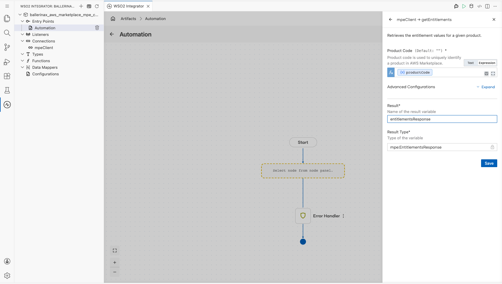 Get Entitlements operation form with the product code and result name entered before saving