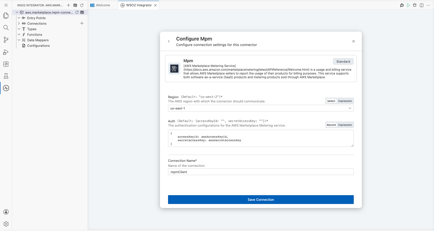 MPM connection form fully filled with all parameters before saving