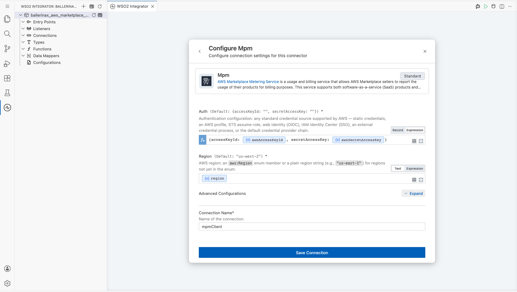AWS Marketplace Metering Service connection form with the auth record and region bound to configurable variables before saving