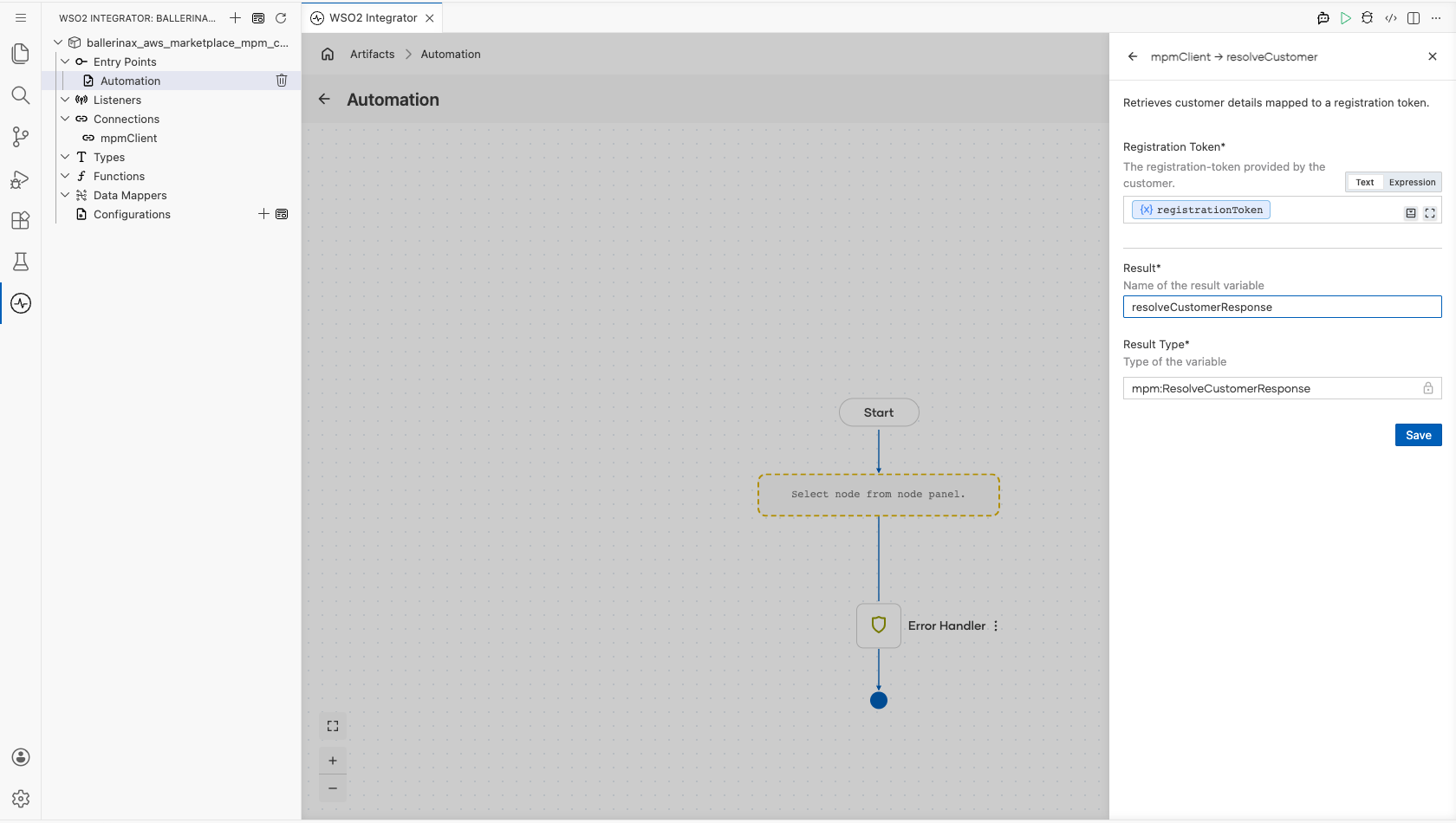 Resolve Customer operation form with the registration token bound and the result variable renamed before saving