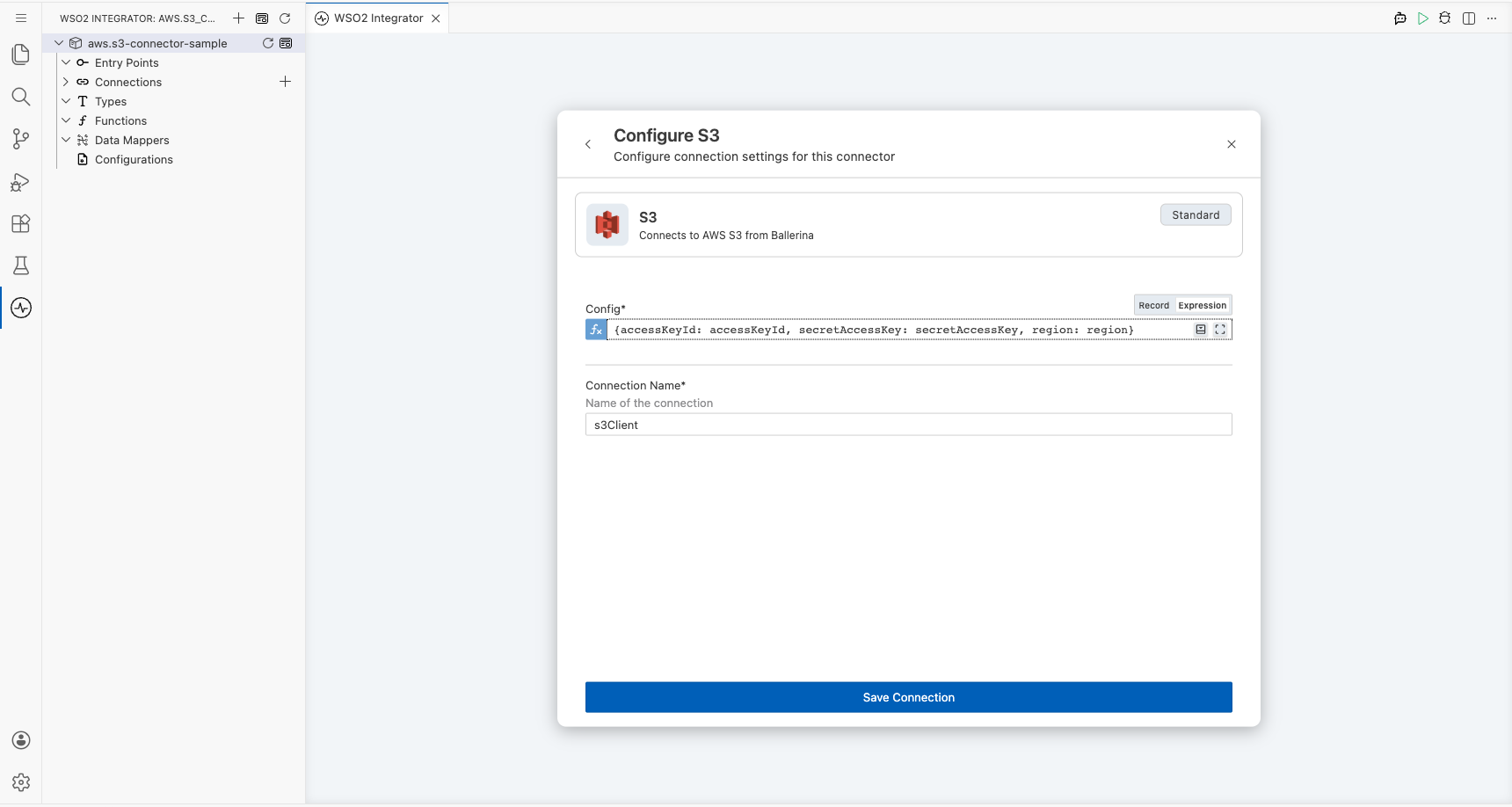 Connection form showing all three parameters bound to configurable variables before saving