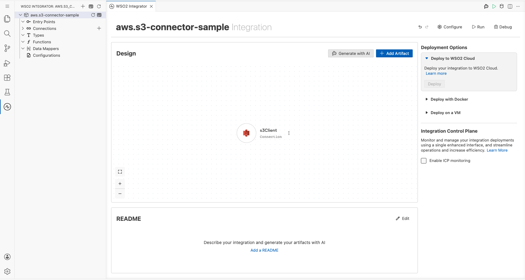 Integration design canvas showing the S3 connector node in the Connections panel after saving