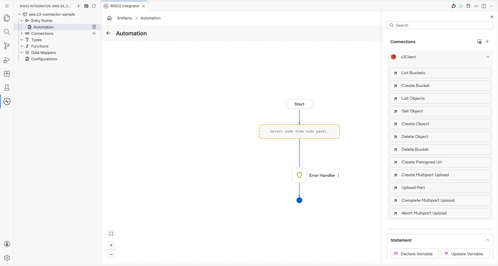 S3 connection node expanded in the step-addition panel showing all available operations before selection
