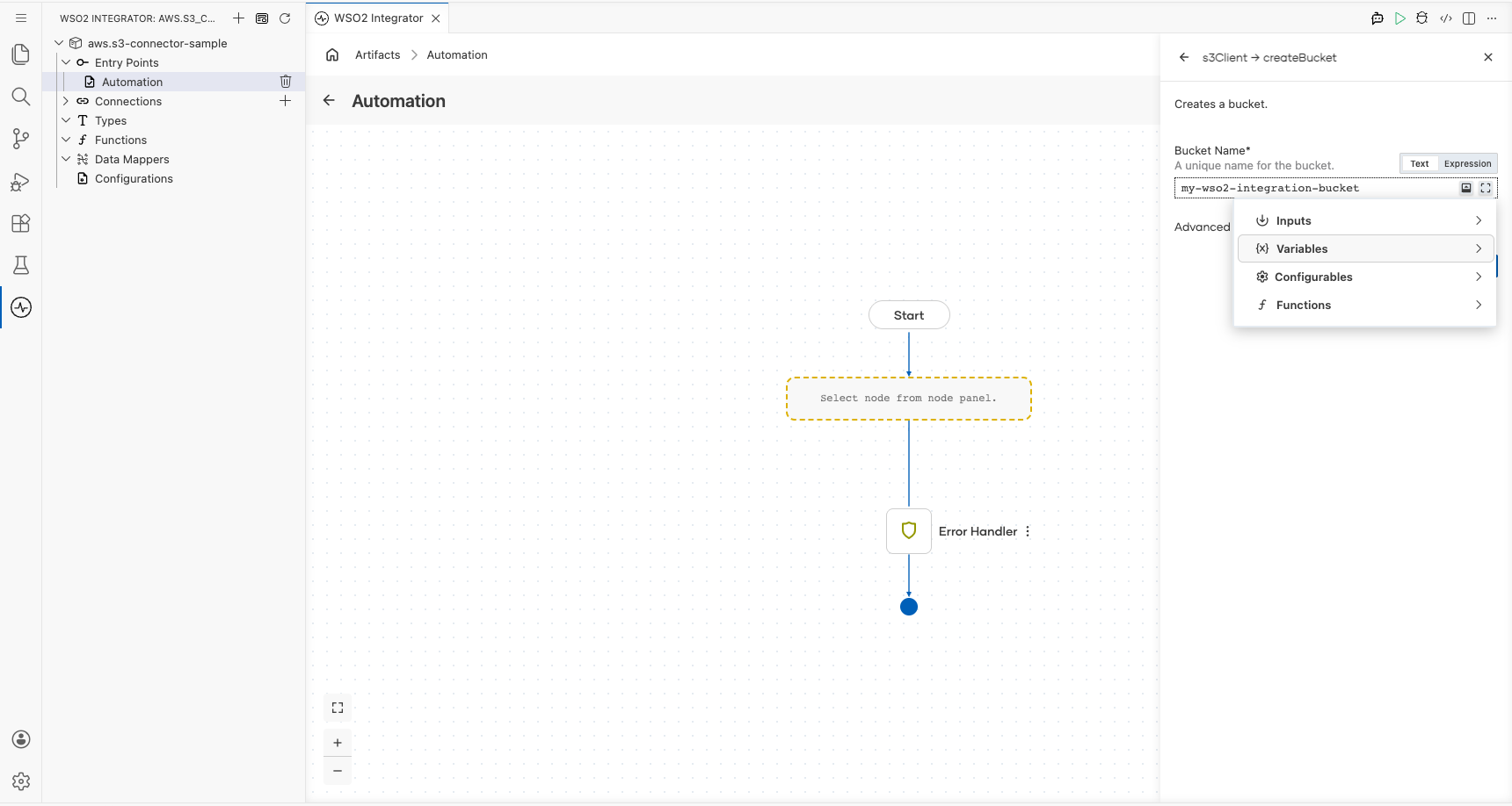 createBucket operation configuration form with all input fields filled before saving