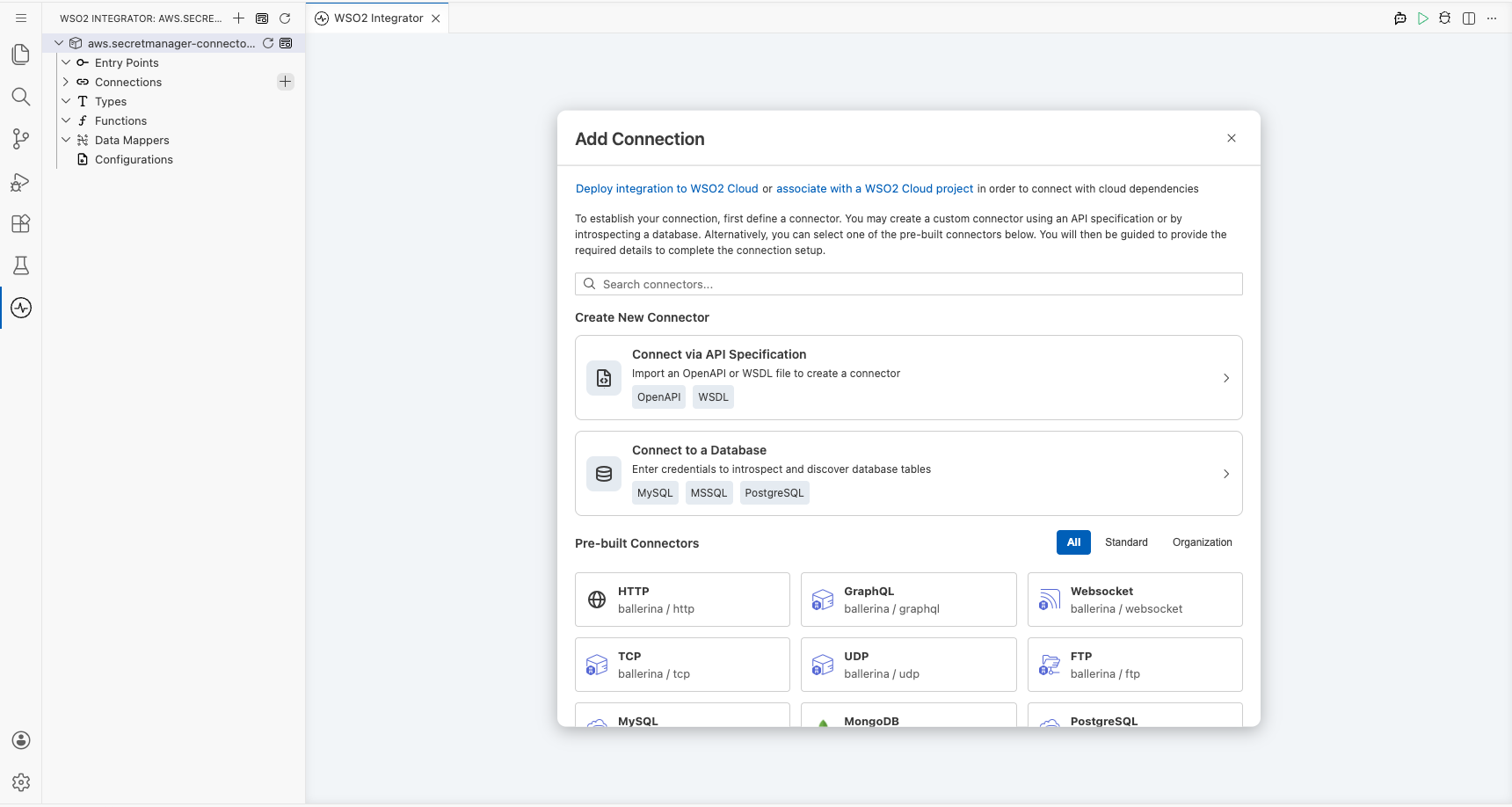 Connector palette open showing search field and connector list