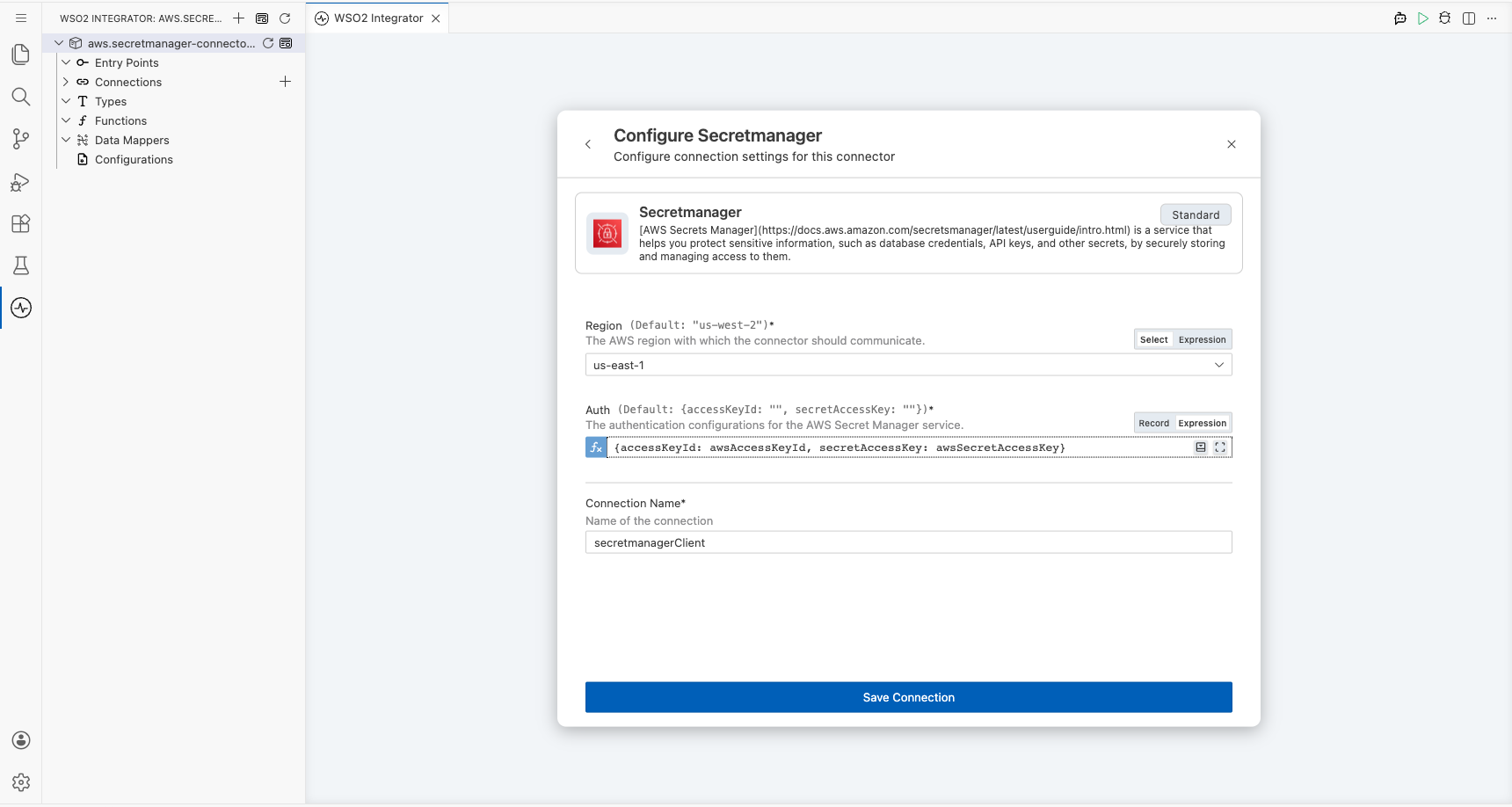 Connection form showing all parameters bound to configurable variables before saving