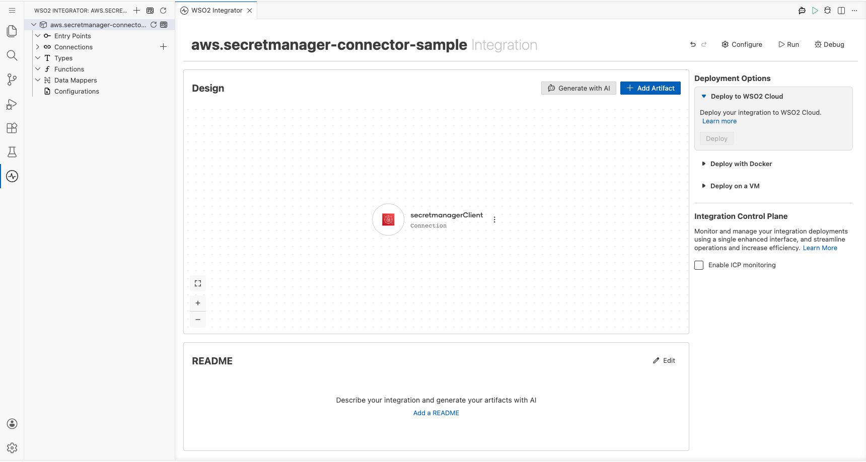 Low-code canvas showing the aws.secretmanager connection node saved in the Design view