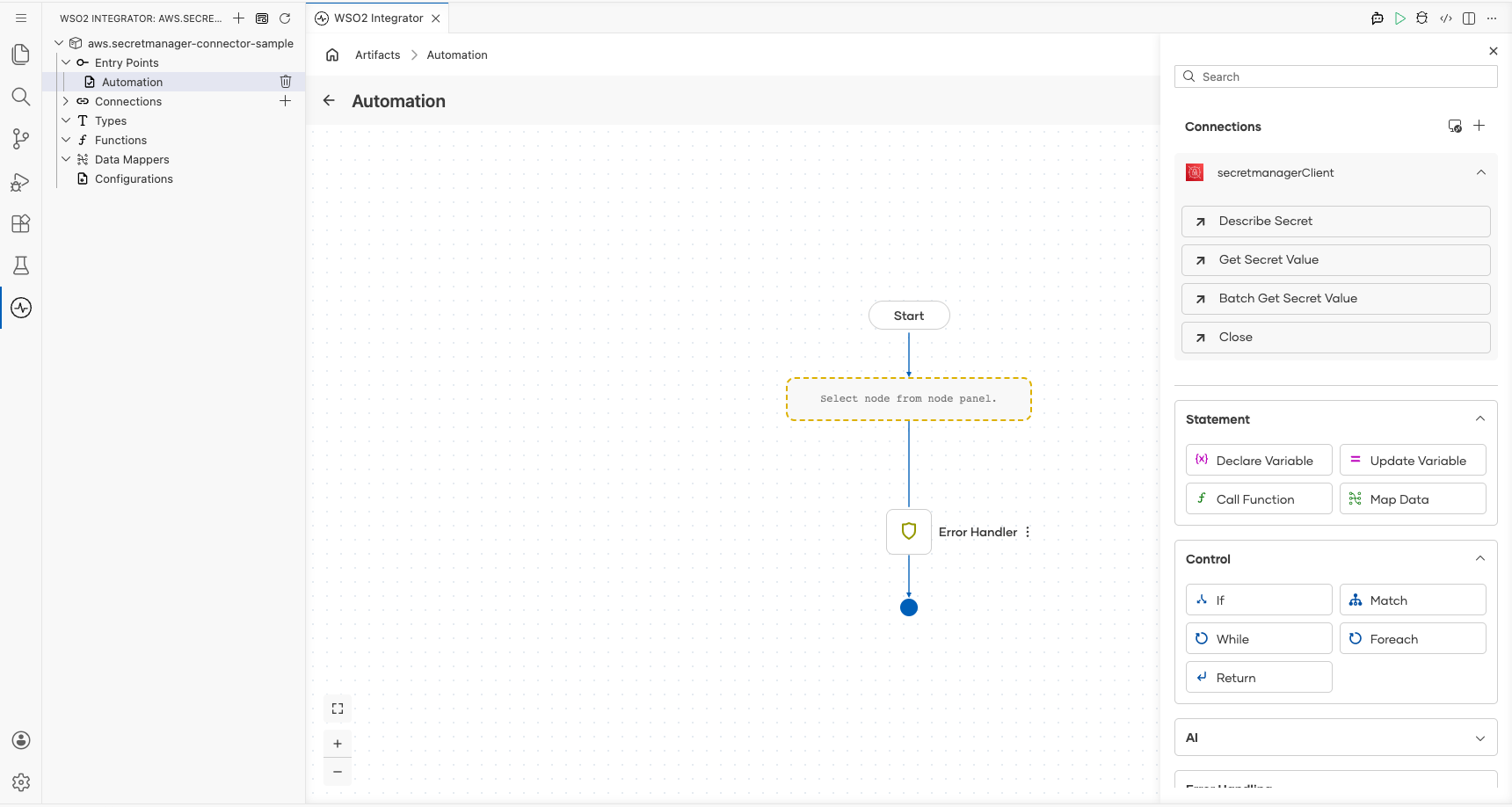 aws.secretmanager connection node expanded showing all available operations before selection