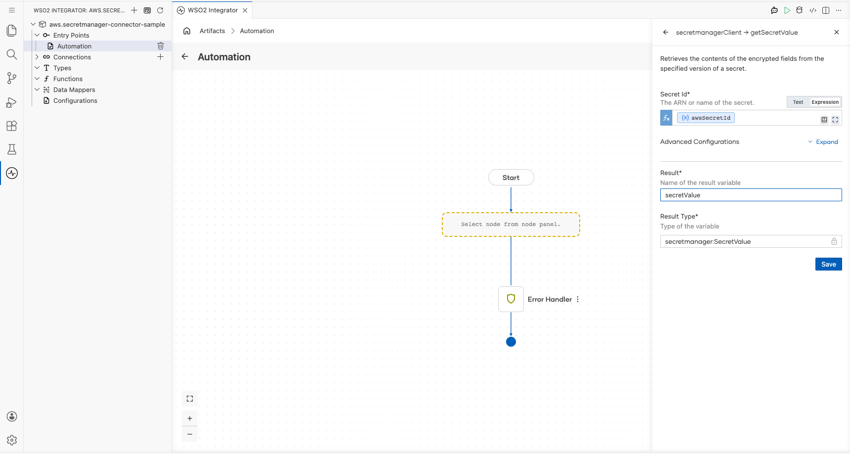 getSecretValue operation configuration panel with all fields filled