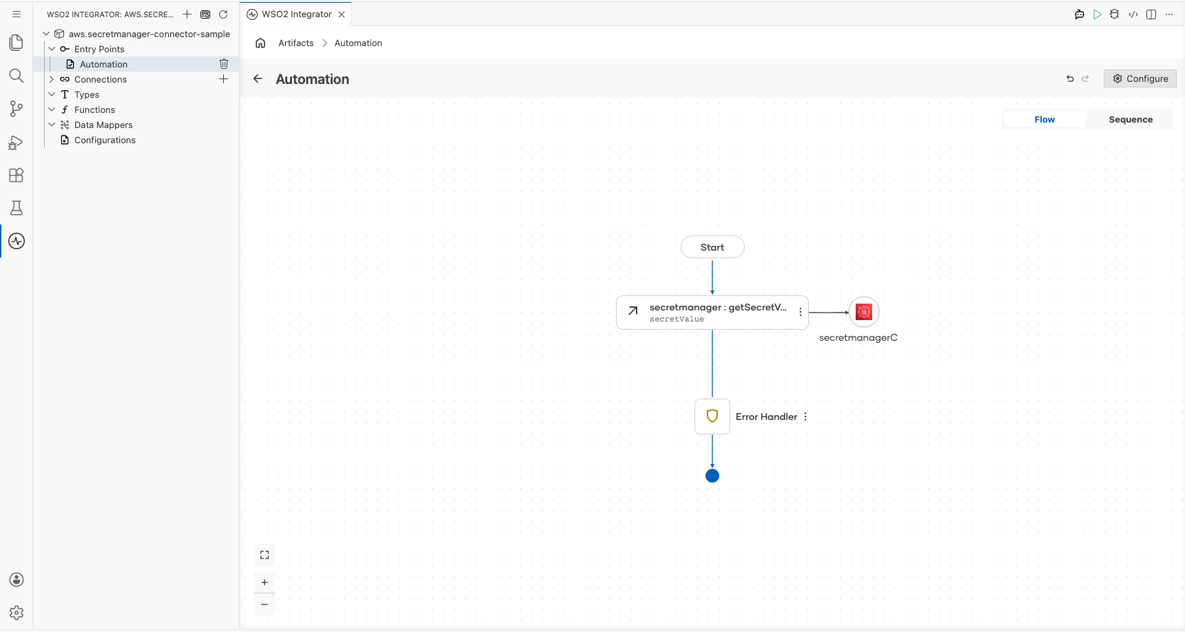 Completed low-code canvas showing Automation trigger connected to getSecretValue node and End node