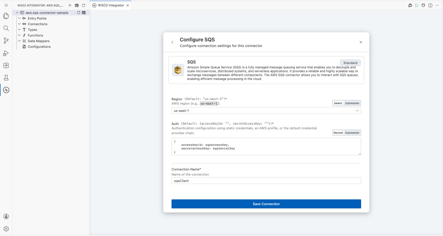 AWS SQS connection form fully filled with all parameters before saving