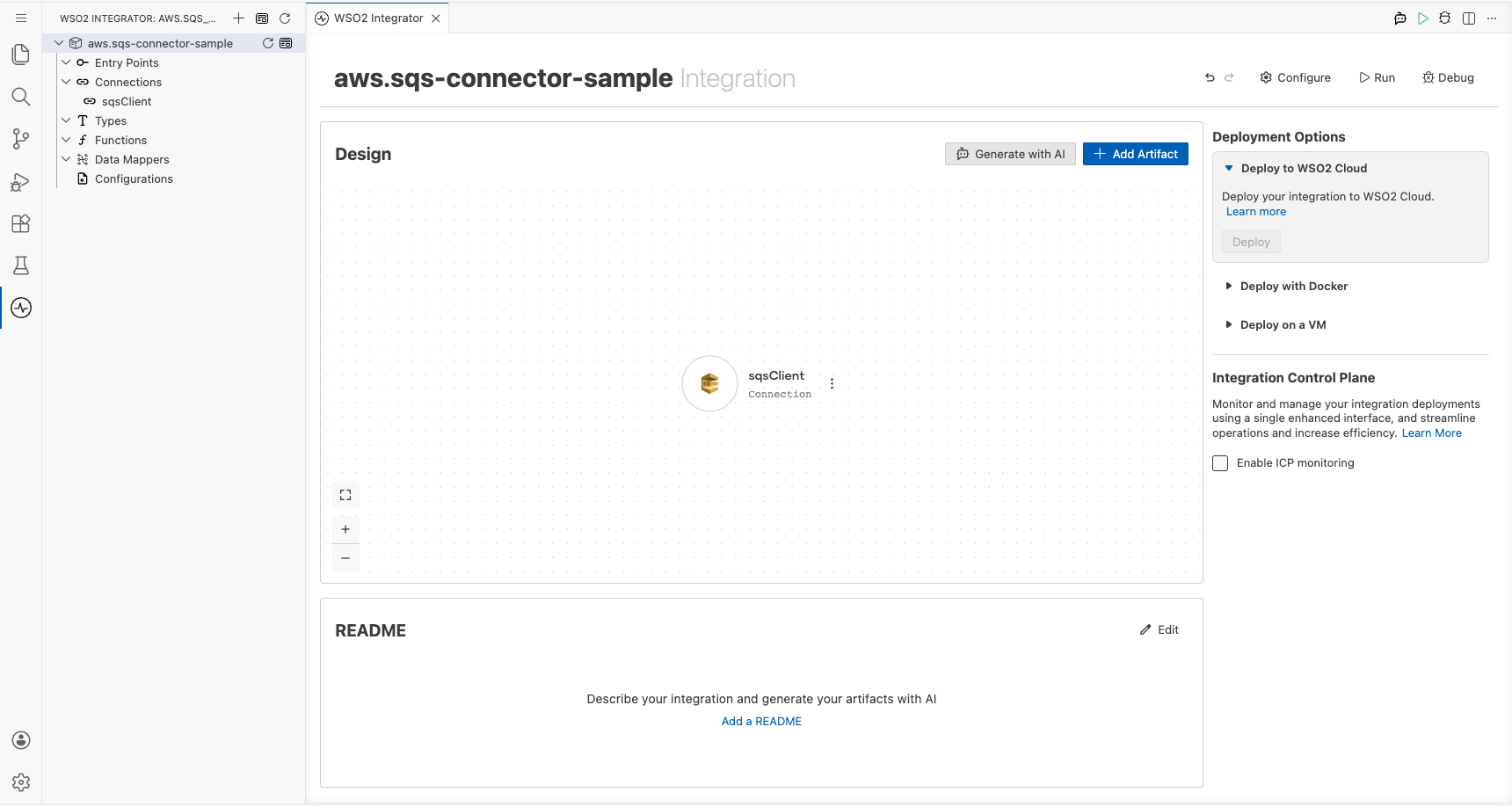 AWS SQS Connections panel showing sqsClient entry after saving